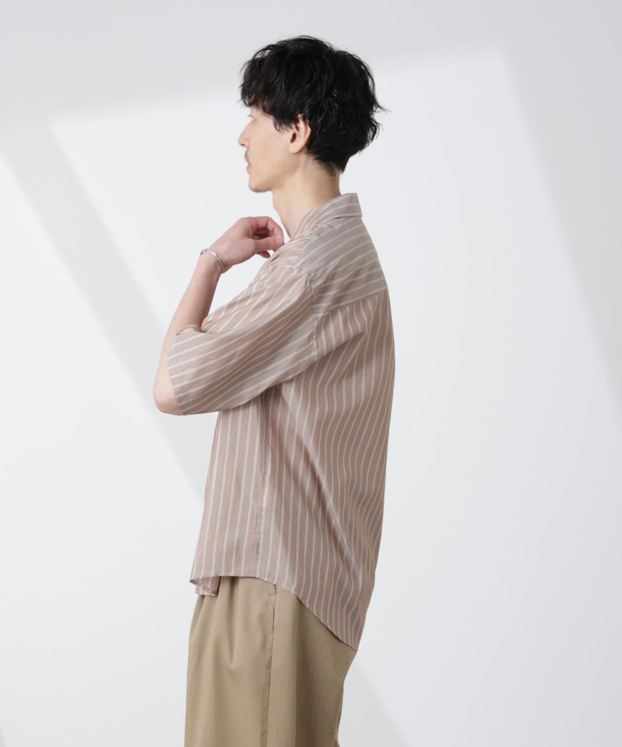 「大人のワイドシャツ」ストライプオープンカラー半袖シャツ 6685121214