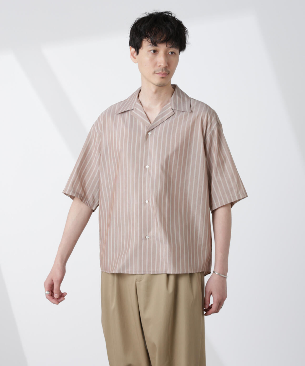 「大人のワイドシャツ」ストライプオープンカラー半袖シャツ 6685121214