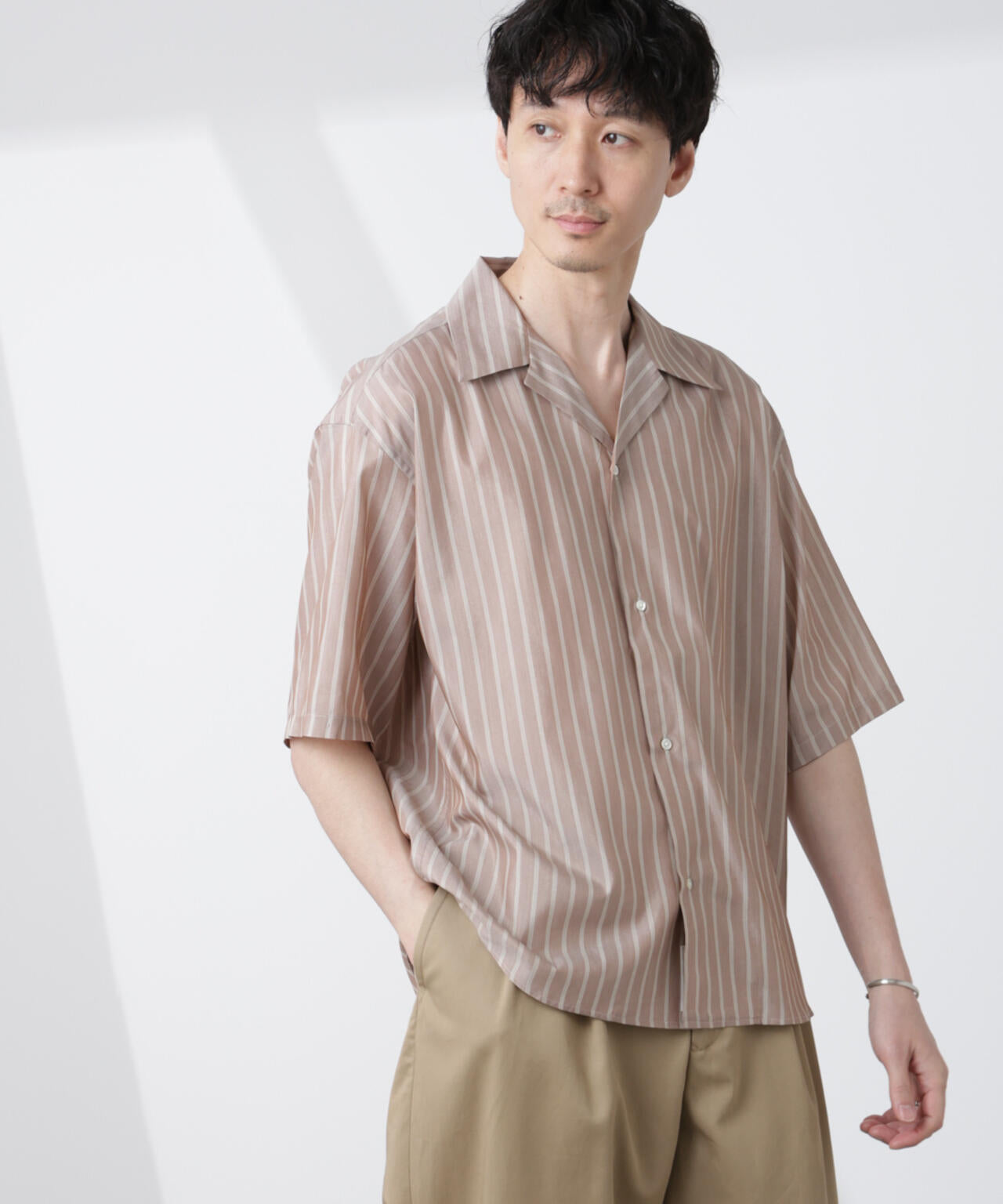 「大人のワイドシャツ」ストライプオープンカラー半袖シャツ 6685121214