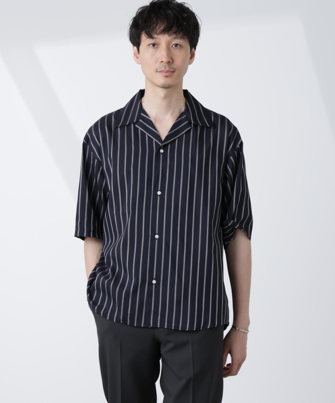「大人のワイドシャツ」ストライプオープンカラー半袖シャツ 6685121214