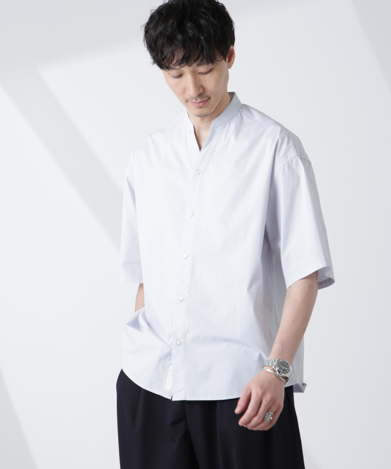 大人のワイドシャツ」バンドカラー 半袖