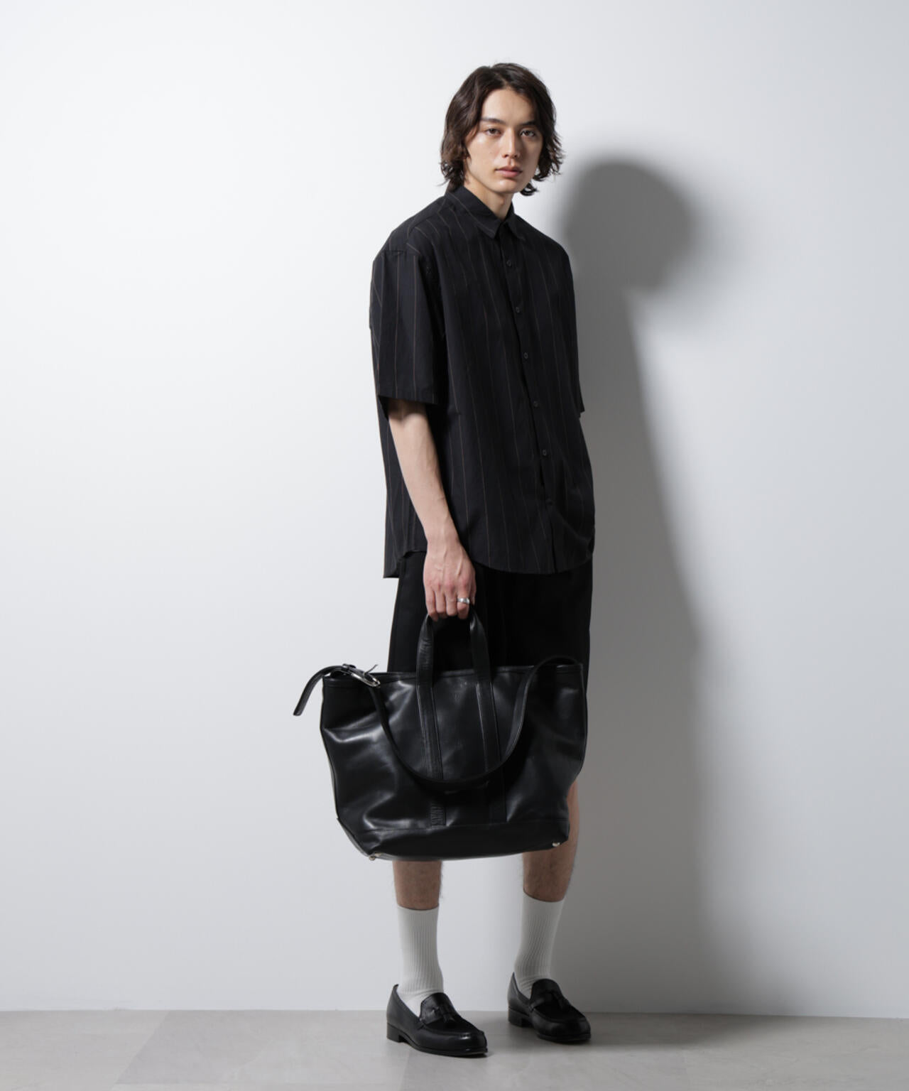 レギュラーカラーコットンリネンストライプシャツ 6685121225