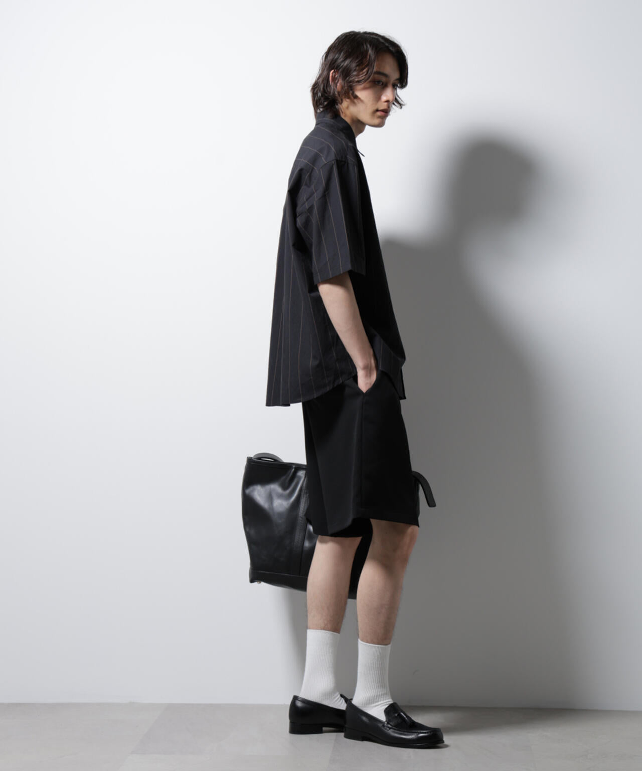 レギュラーカラーコットンリネンストライプシャツ 6685121225