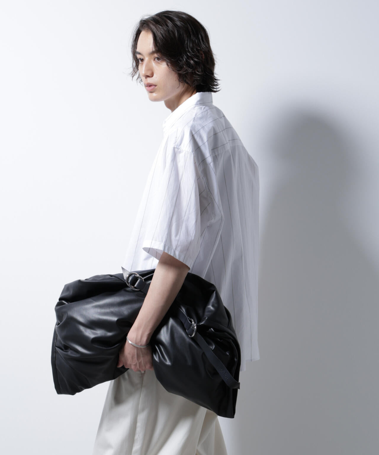 レギュラーカラーコットンリネンストライプシャツ 6685121225