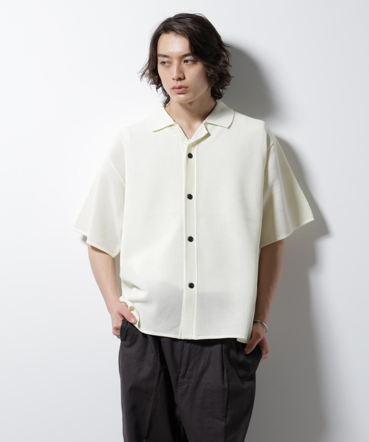 スポンディッシュ メッシュオープンカラーニットシャツ 6685122218