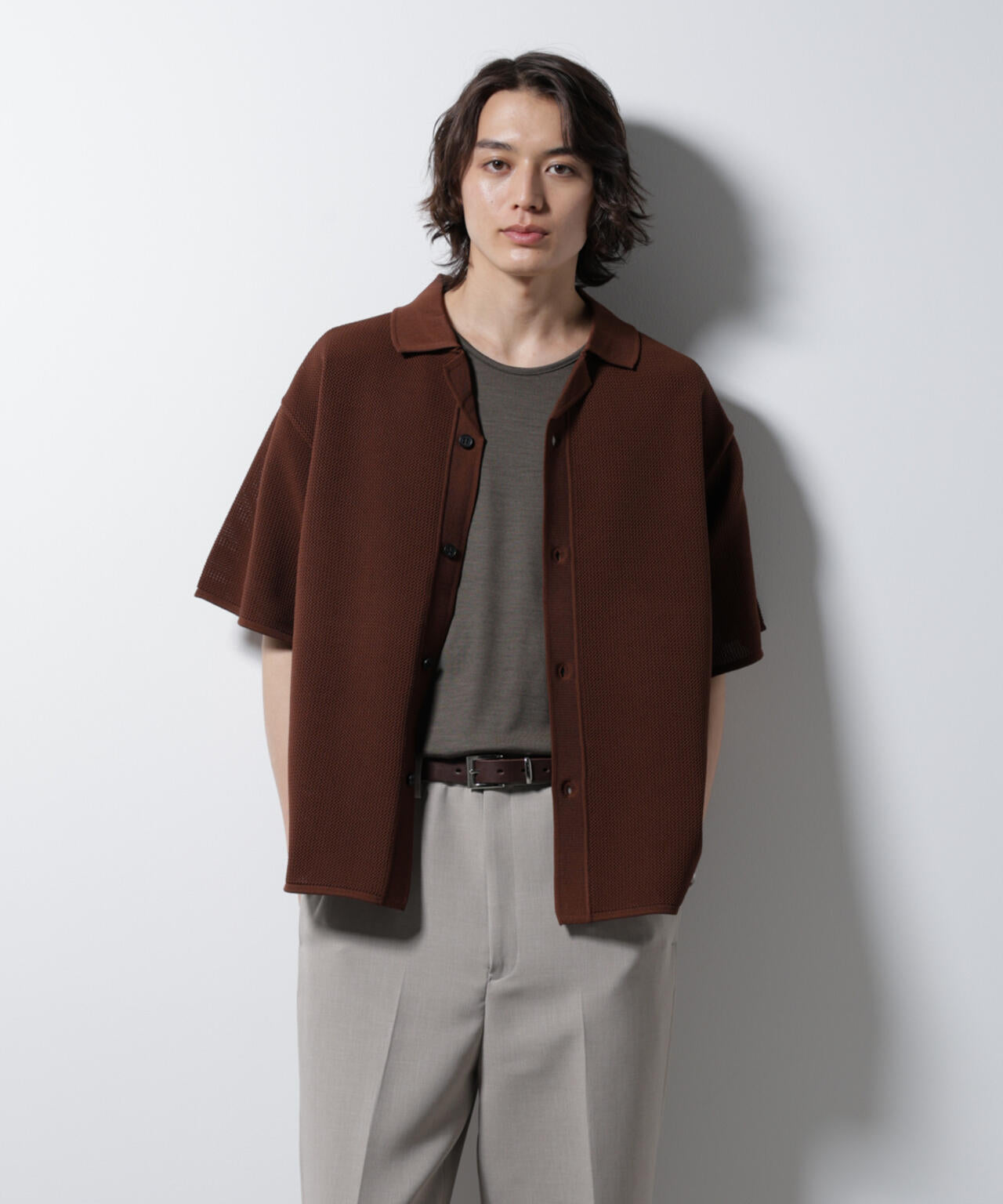 スポンディッシュ メッシュオープンカラーニットシャツ 6685122218