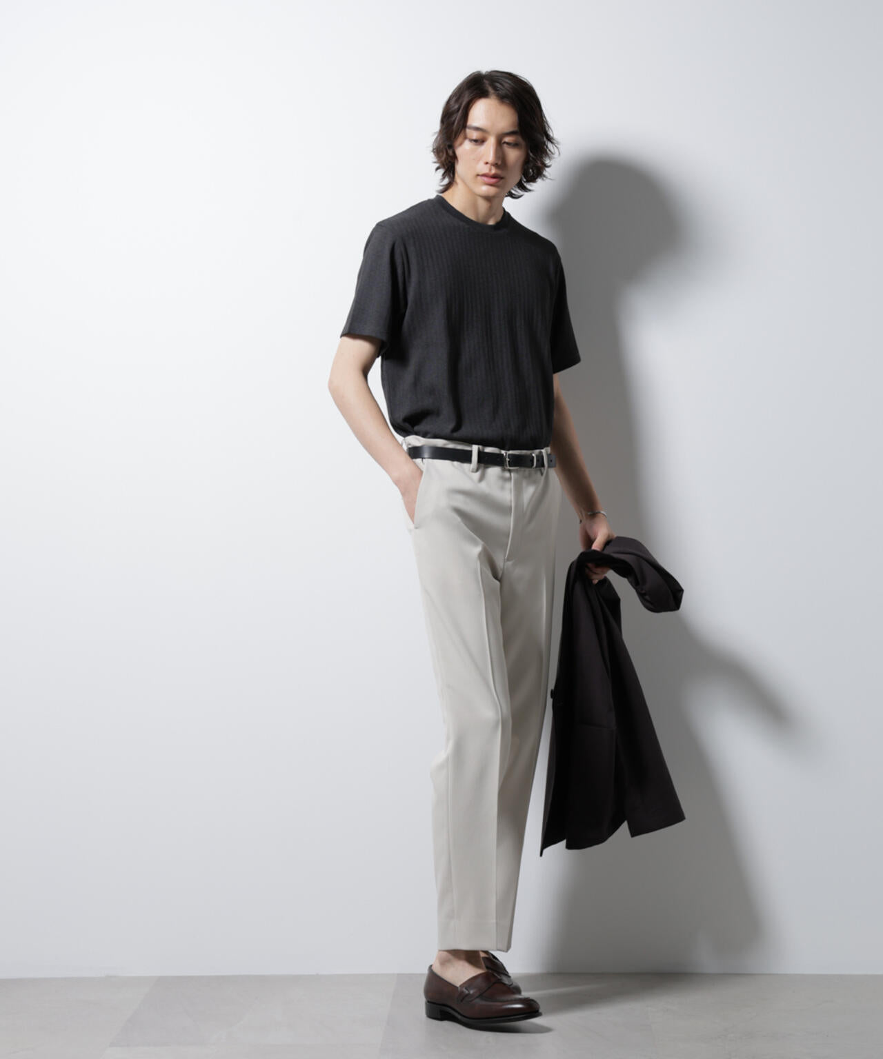 「Damerino」ヘリンボンクルーネックTシャツ/防シワ・吸水速乾・UVカット 6685124245
