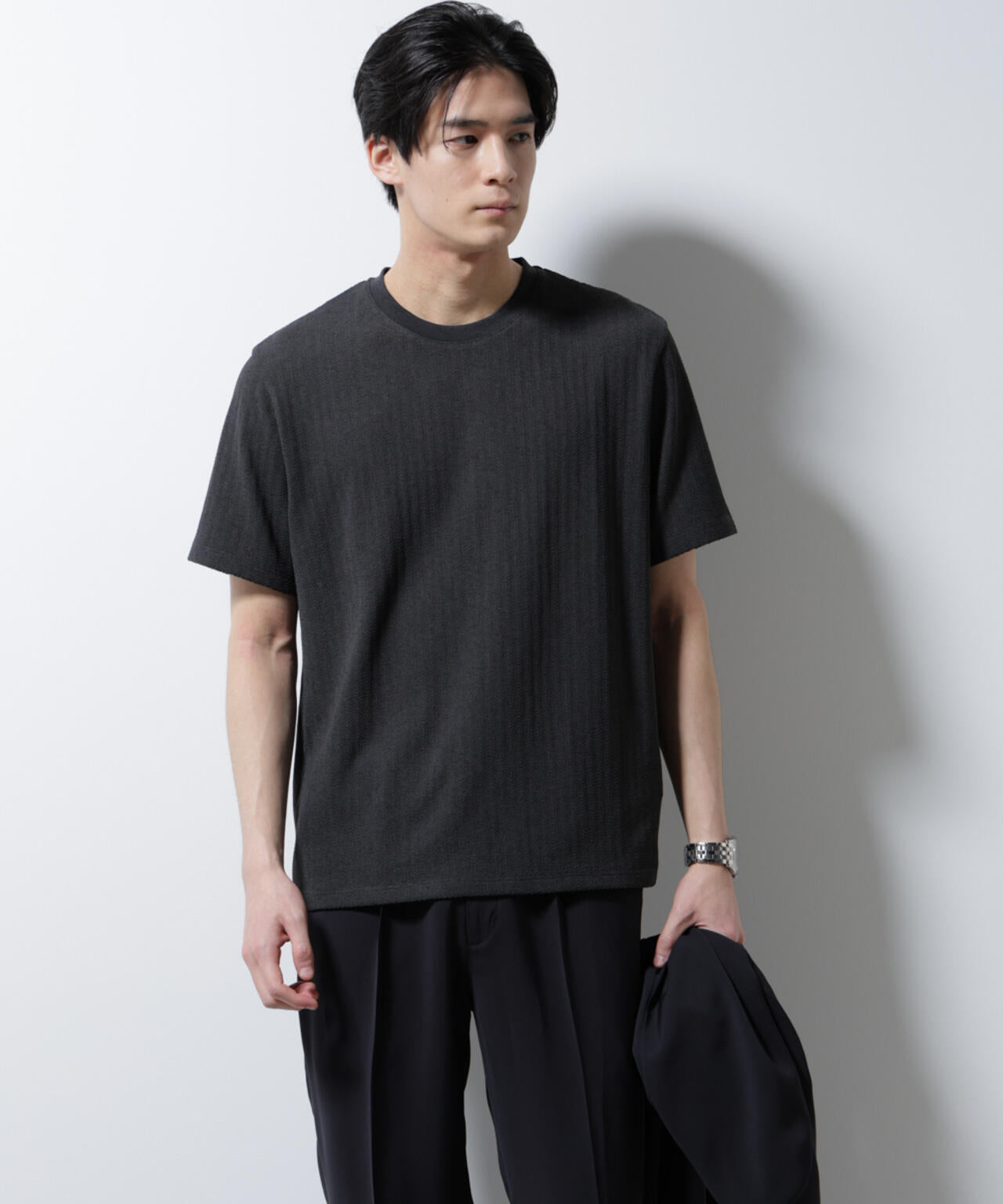 「Damerino」ヘリンボンクルーネックTシャツ/防シワ・吸水速乾・UVカット 6685124245
