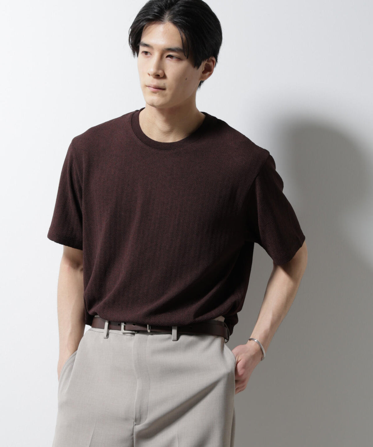 「Damerino」ヘリンボンクルーネックTシャツ/防シワ・吸水速乾・UVカット 6685124245