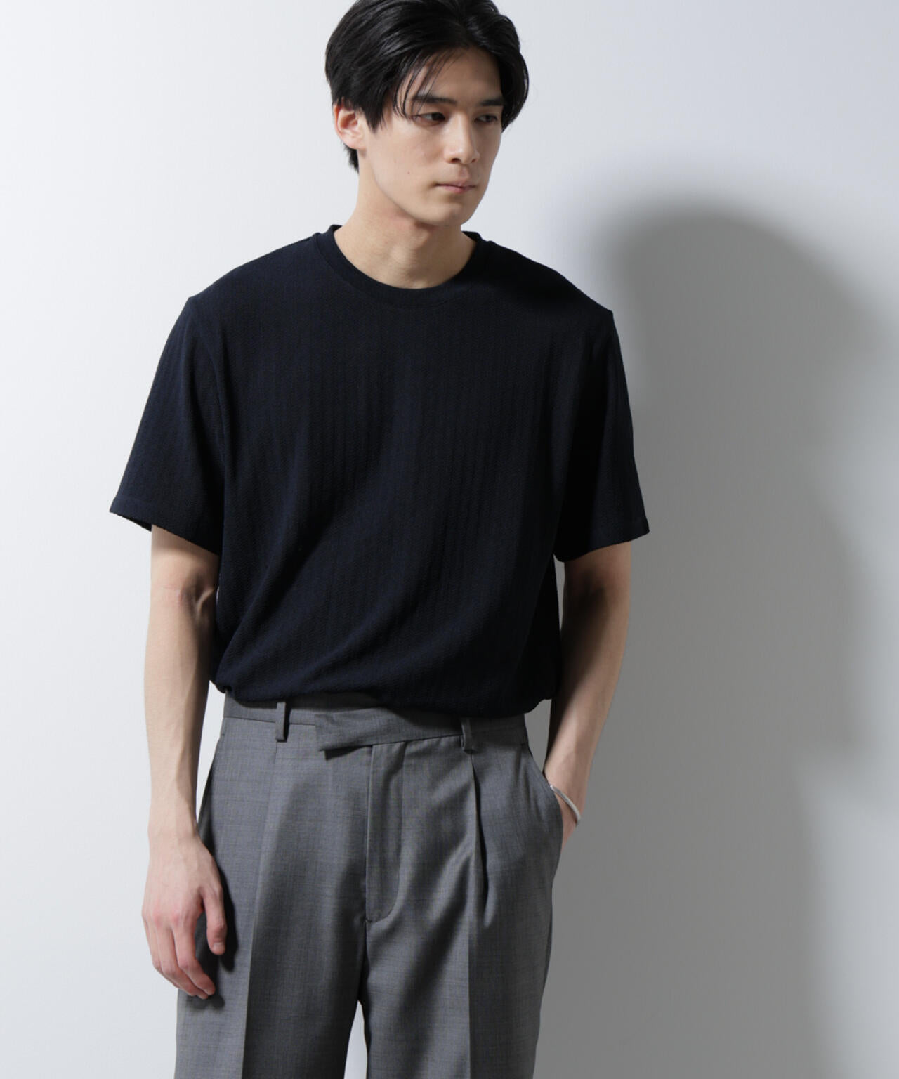 「Damerino」ヘリンボンクルーネックTシャツ/防シワ・吸水速乾・UVカット 6685124245