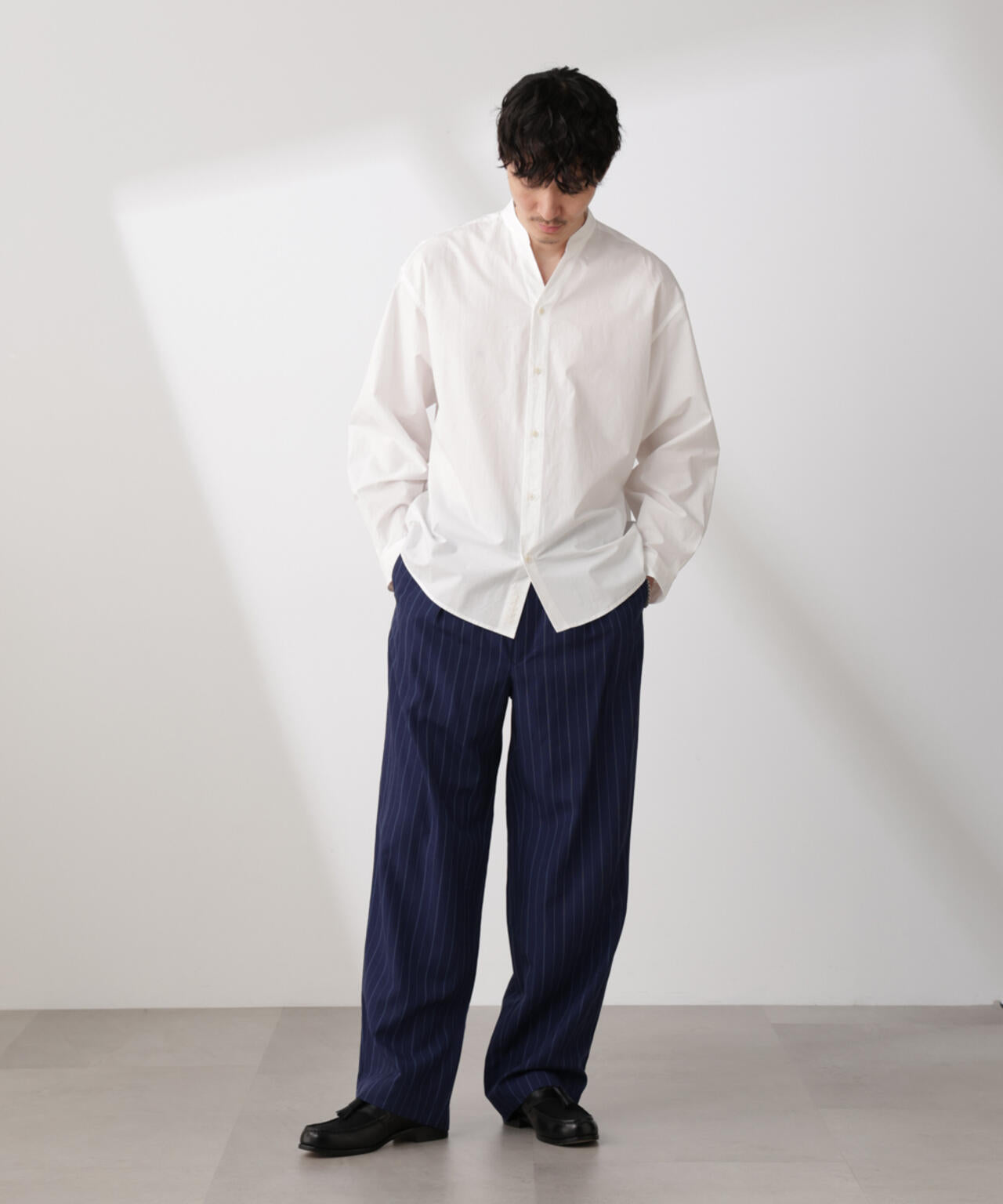 リネンブレンドピンストライプ 1タックイージーパンツ(セットアップ可) 6685127220