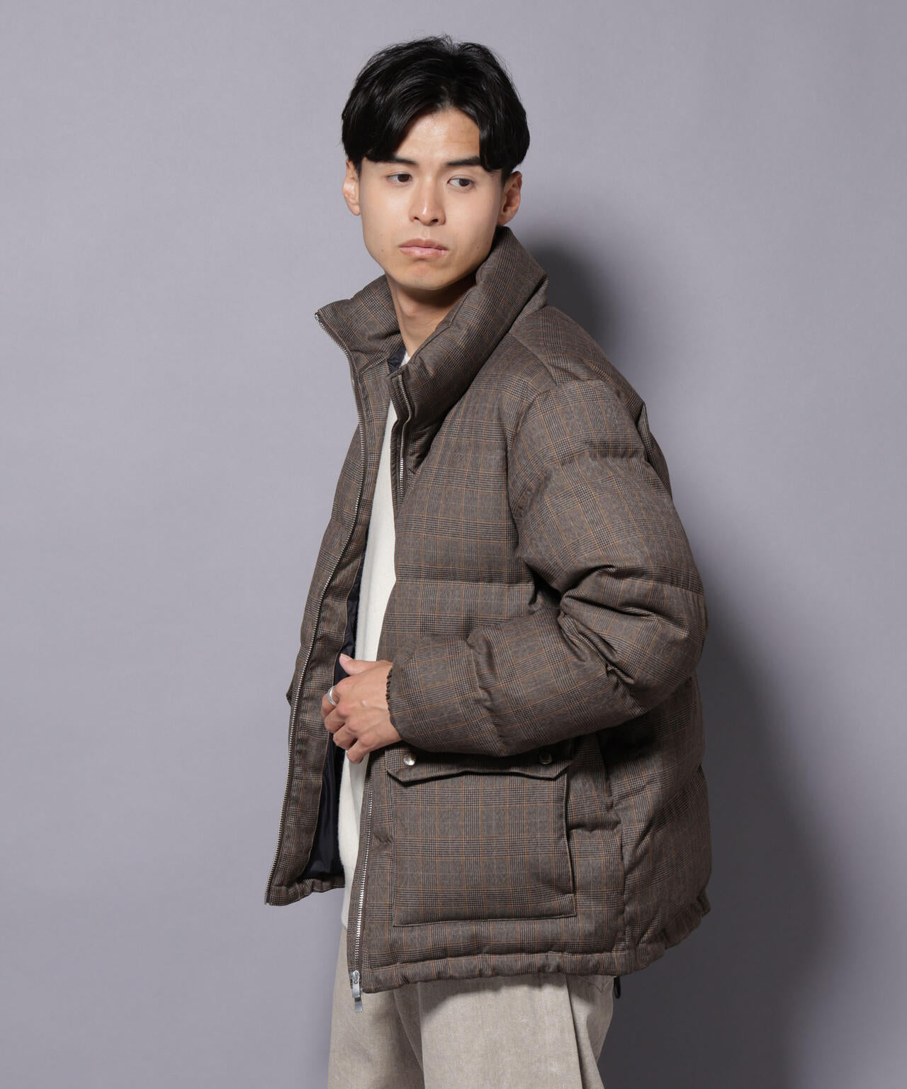 DELEGANTE エアリーサキソニー/グレンチェックTAIONダウンジャケット 6685214206