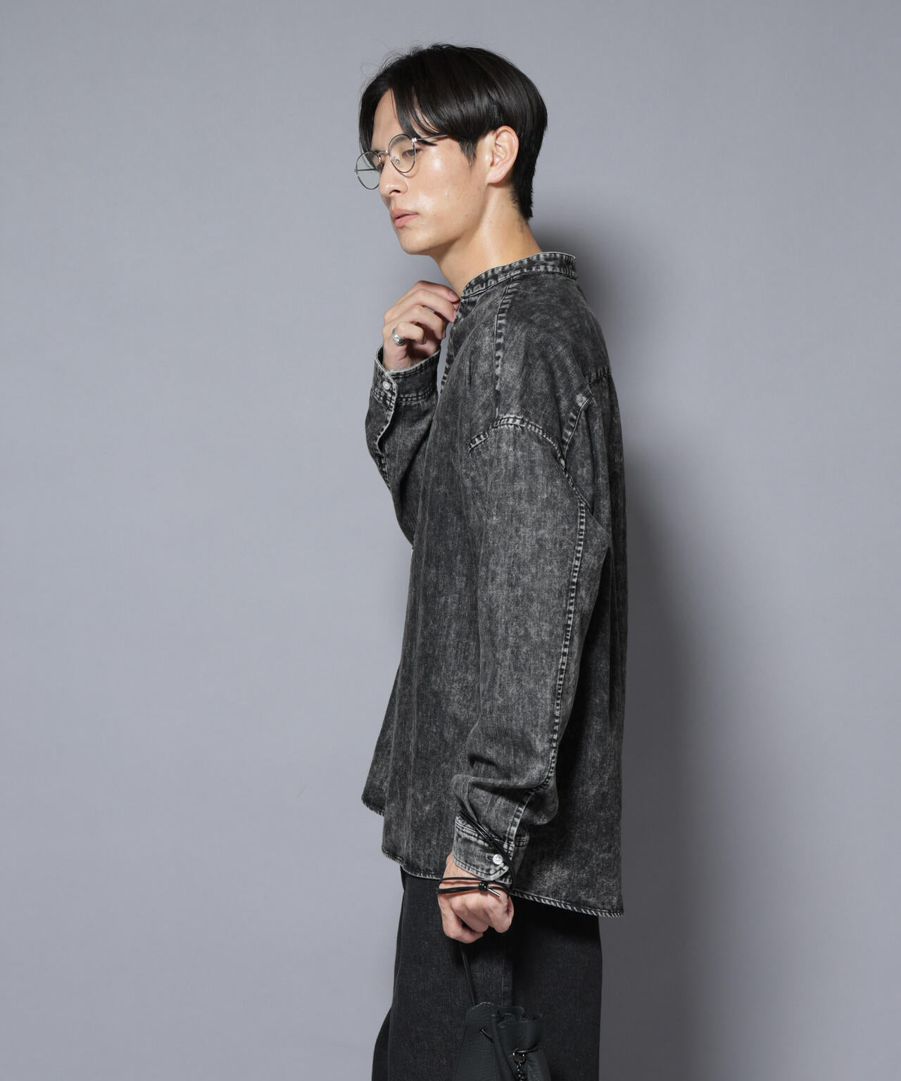 「大人のワイドシャツ」バンドカラーデニム 長袖 6685220210