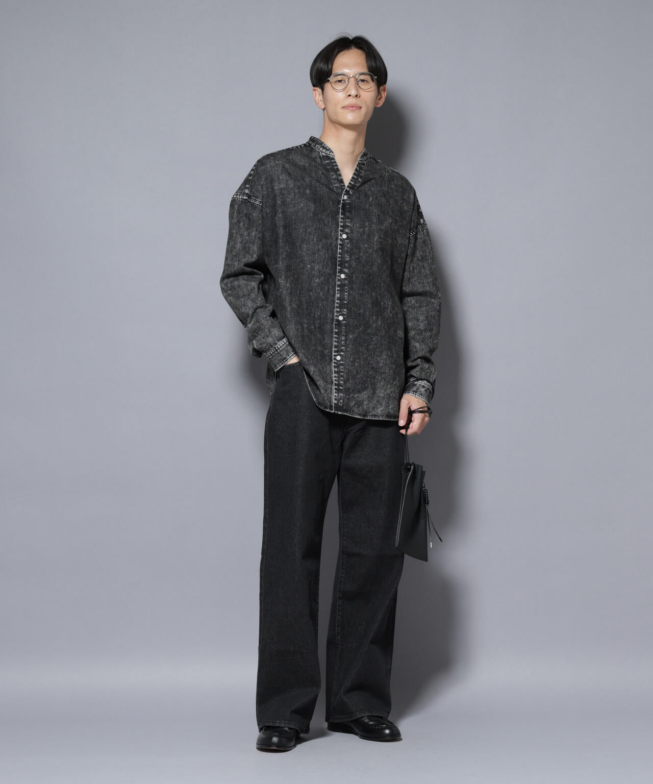 「大人のワイドシャツ」バンドカラーデニム 長袖 6685220210