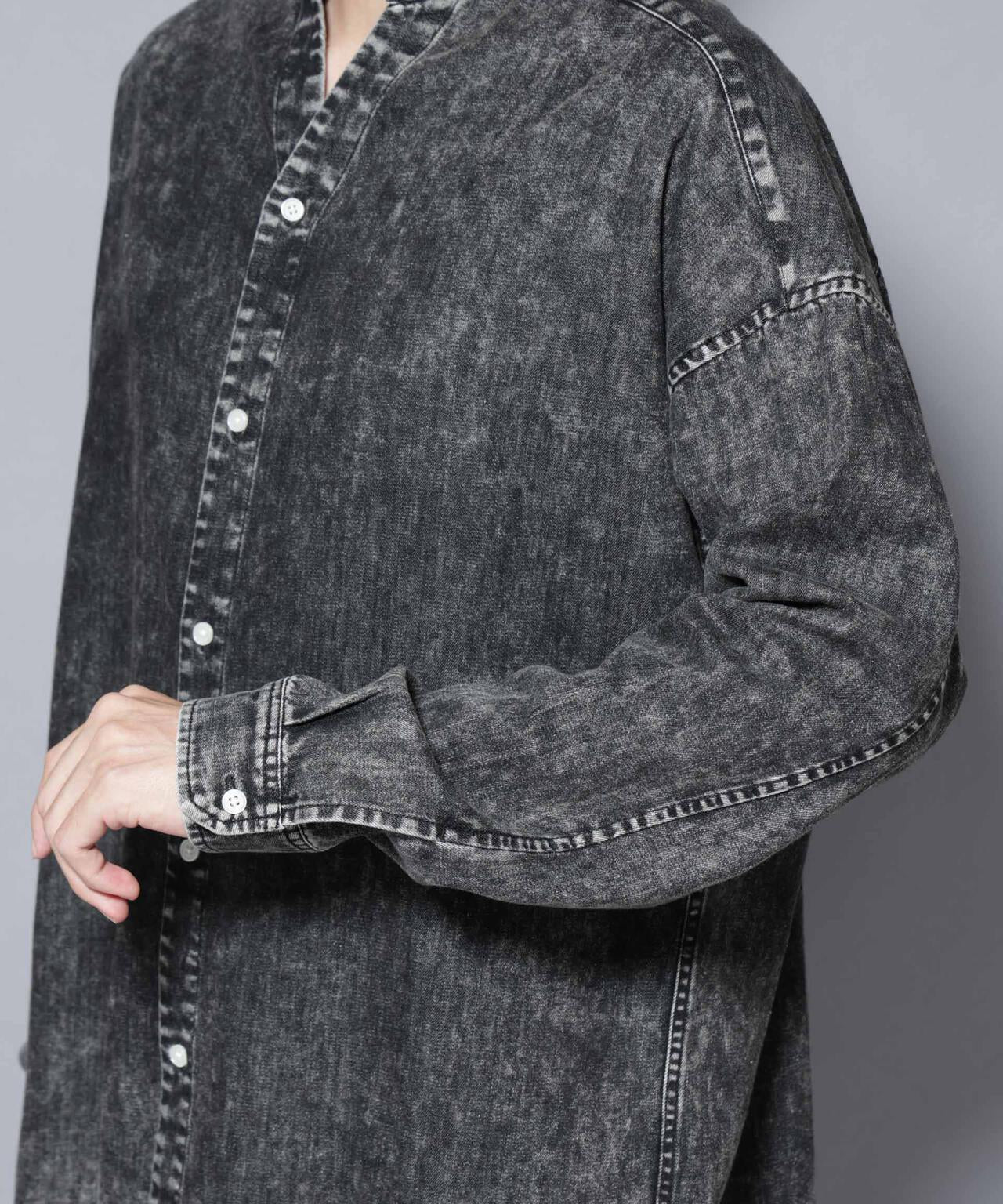 「大人のワイドシャツ」バンドカラーデニム 長袖 6685220210