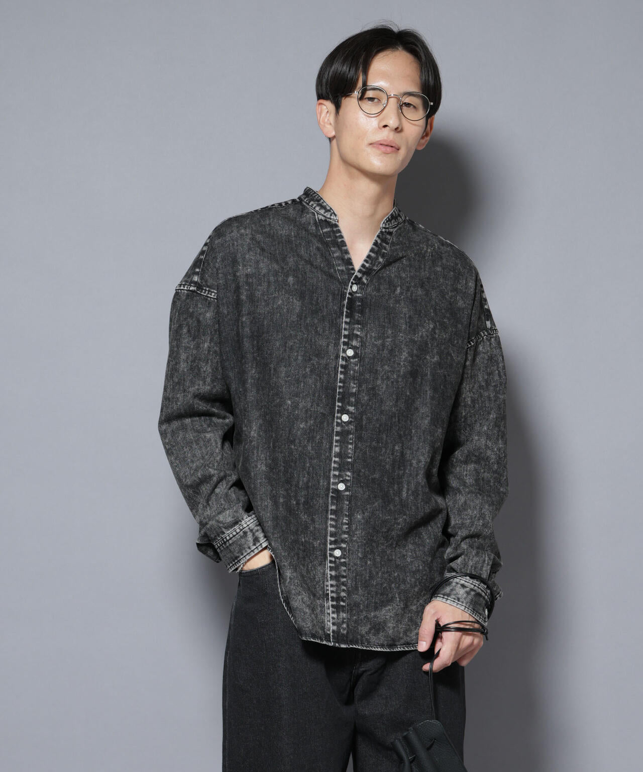 「大人のワイドシャツ」バンドカラーデニム 長袖 6685220210