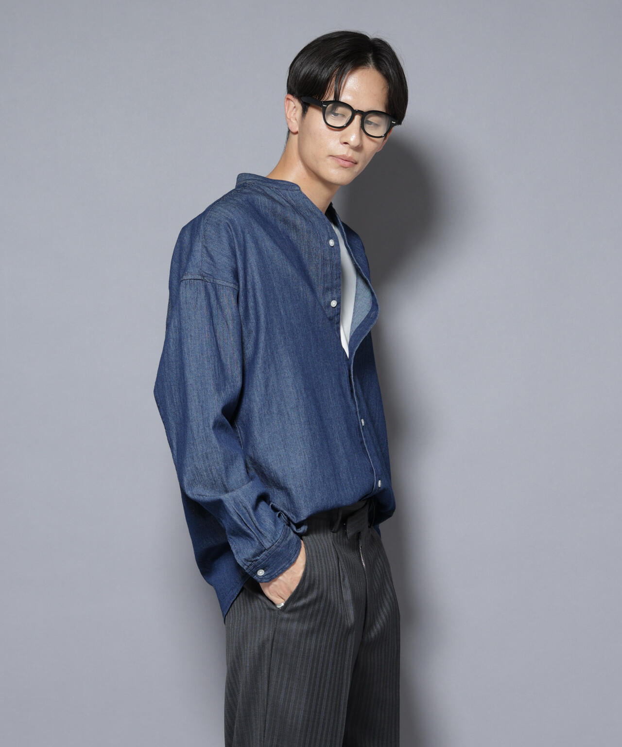 「大人のワイドシャツ」バンドカラーデニム 長袖 6685220210