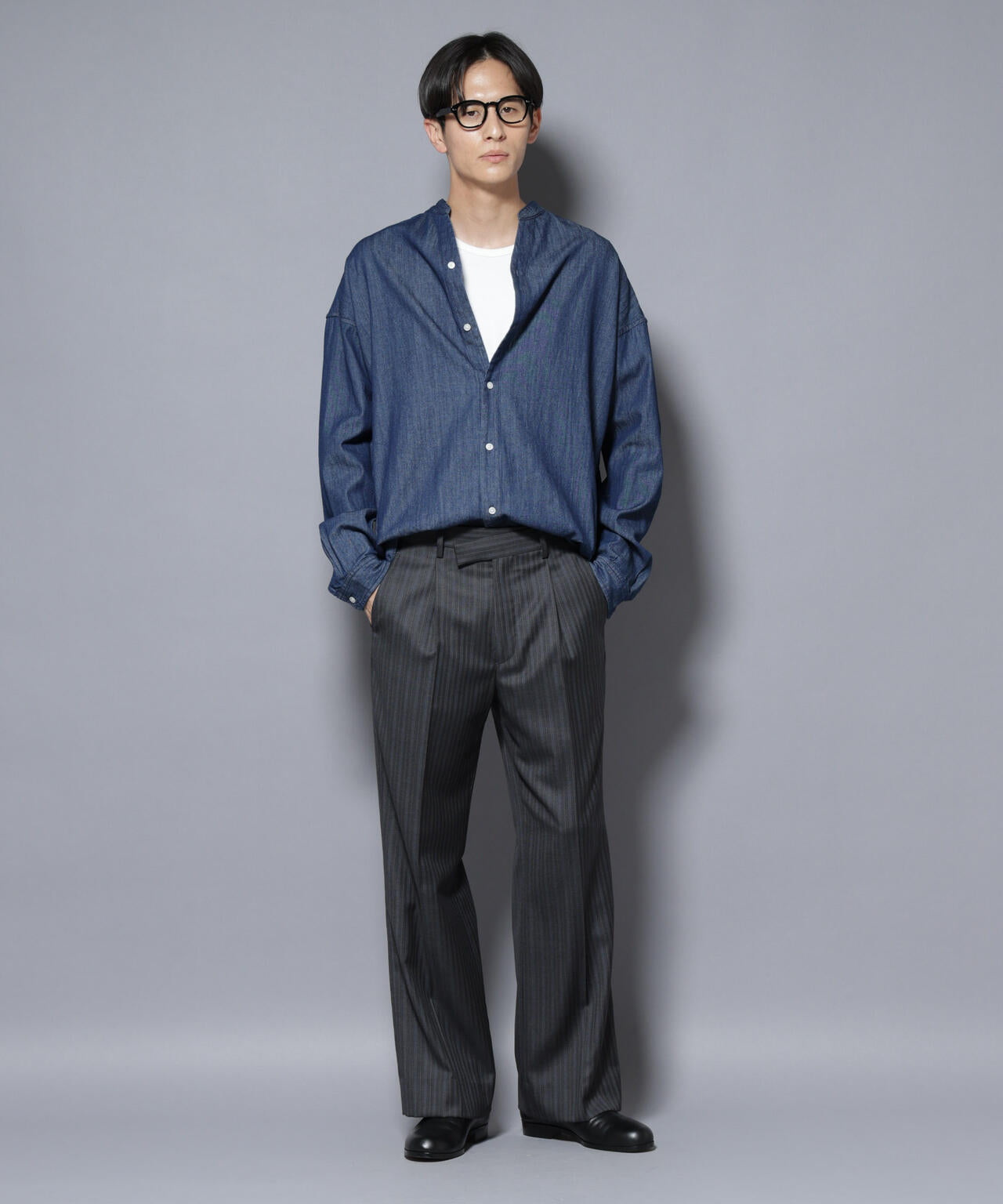 「大人のワイドシャツ」バンドカラーデニム 長袖 6685220210