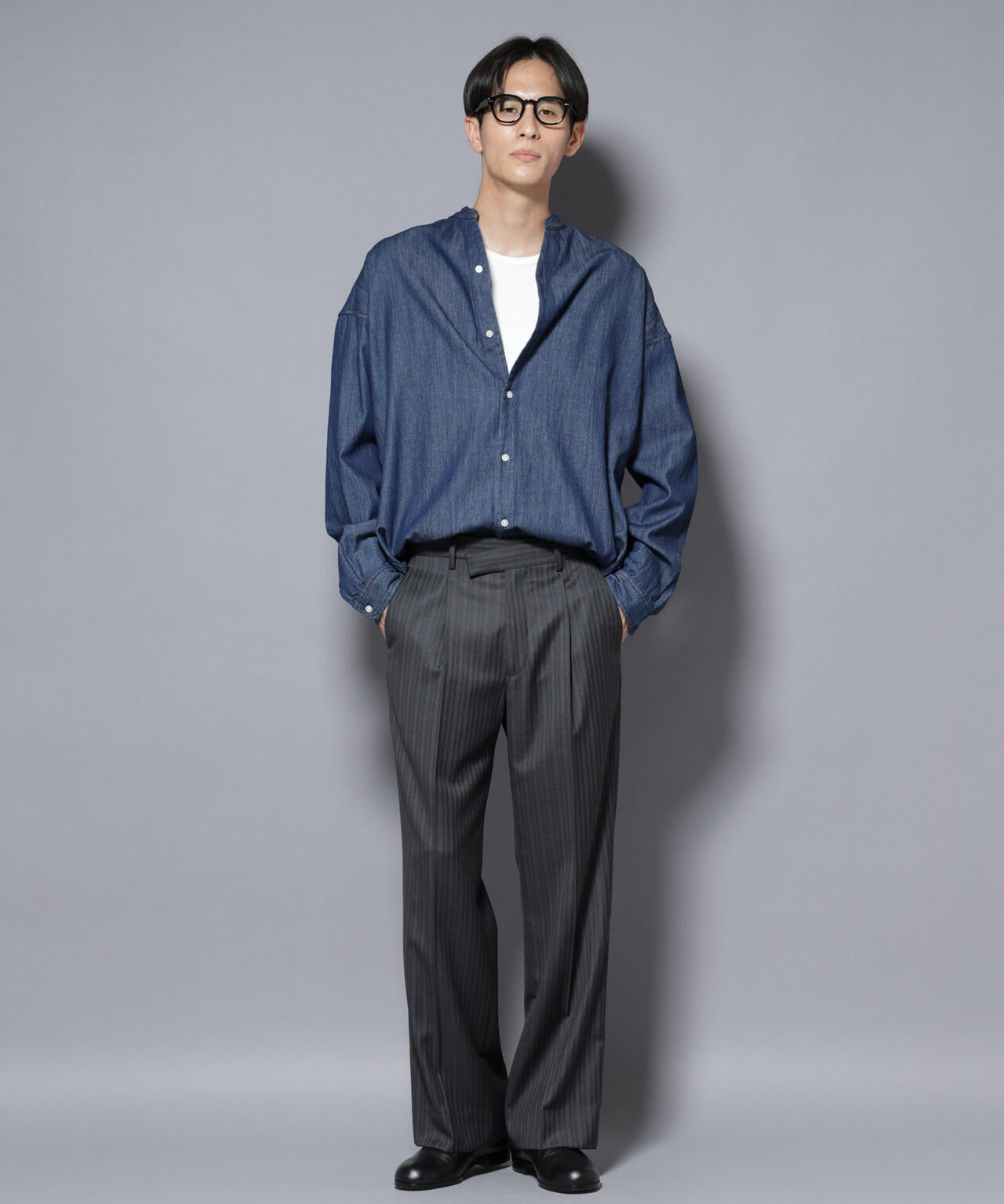 「大人のワイドシャツ」バンドカラーデニム 長袖 6685220210