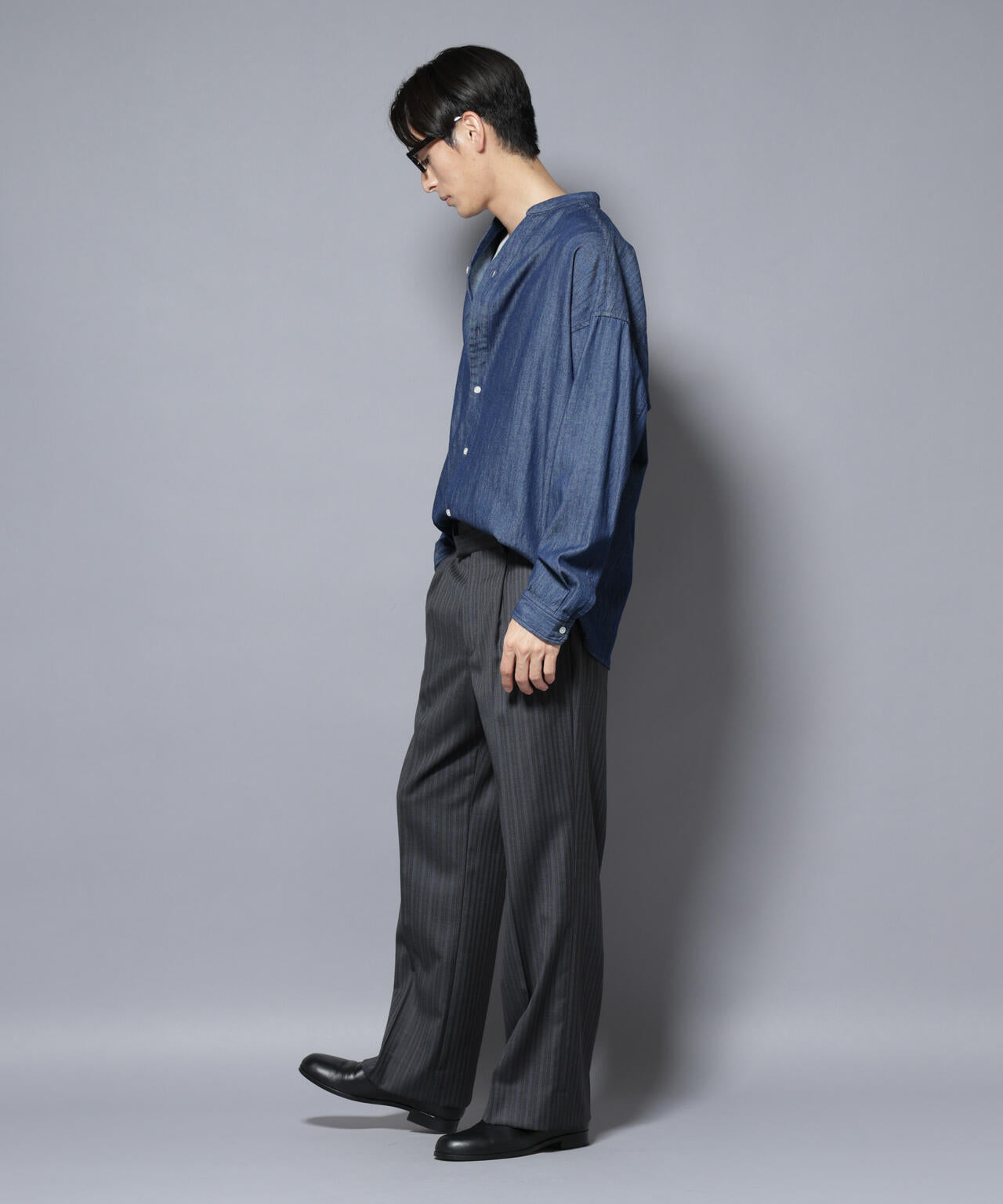 「大人のワイドシャツ」バンドカラーデニム 長袖 6685220210