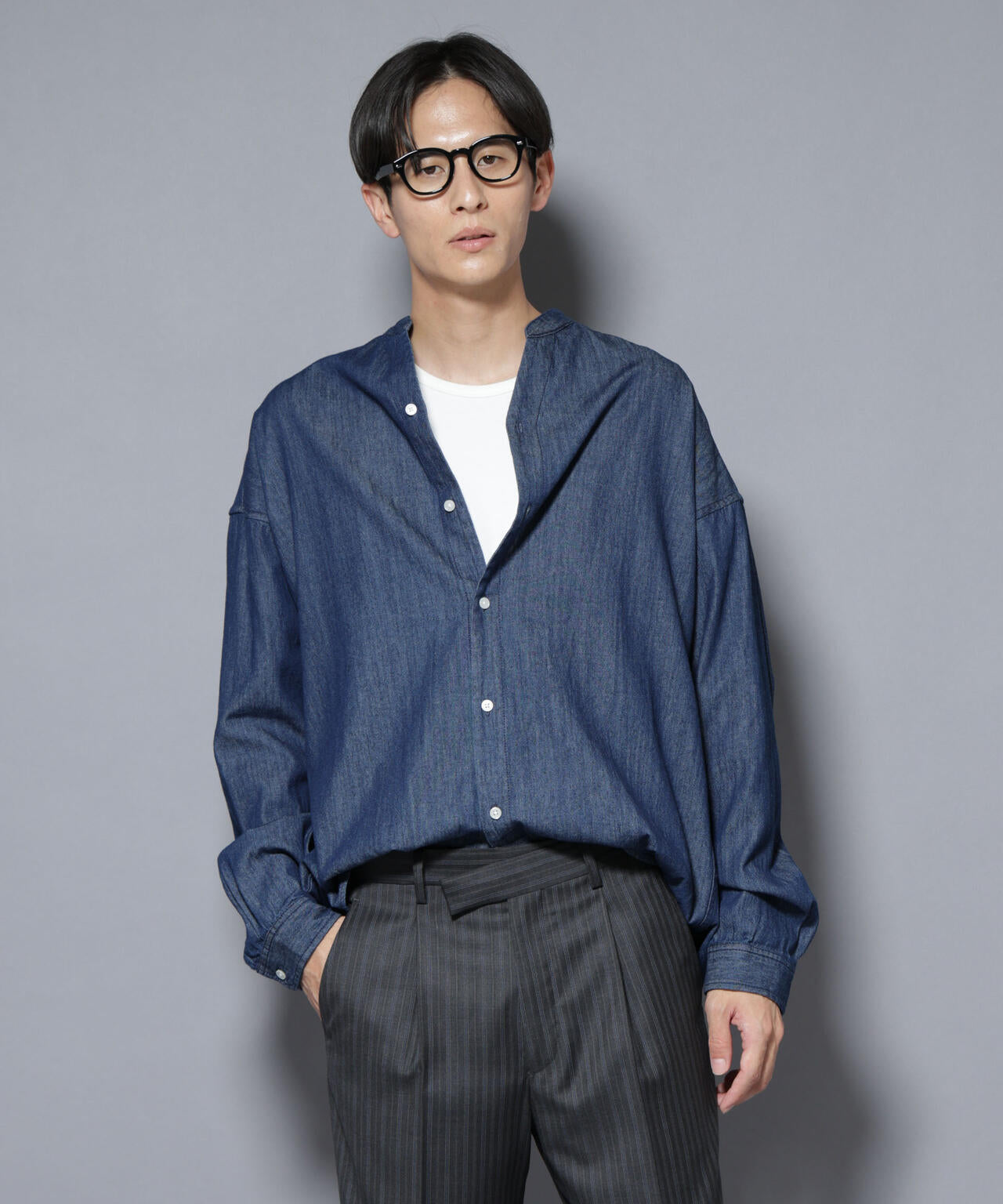 「大人のワイドシャツ」バンドカラーデニム 長袖 6685220210