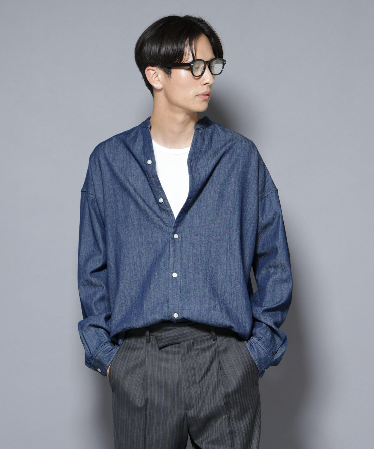 「大人のワイドシャツ」バンドカラーデニム 長袖 6685220210