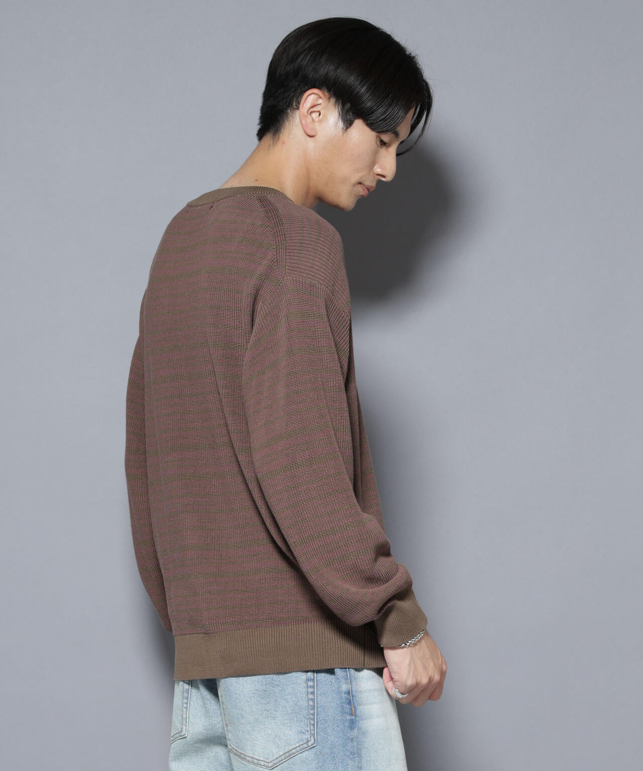 マーセライズコットン 畦ボーダークルーネックニット 6685222220