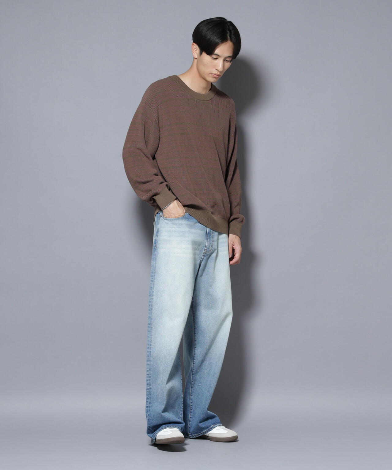 マーセライズコットン 畦ボーダークルーネックニット 6685222220