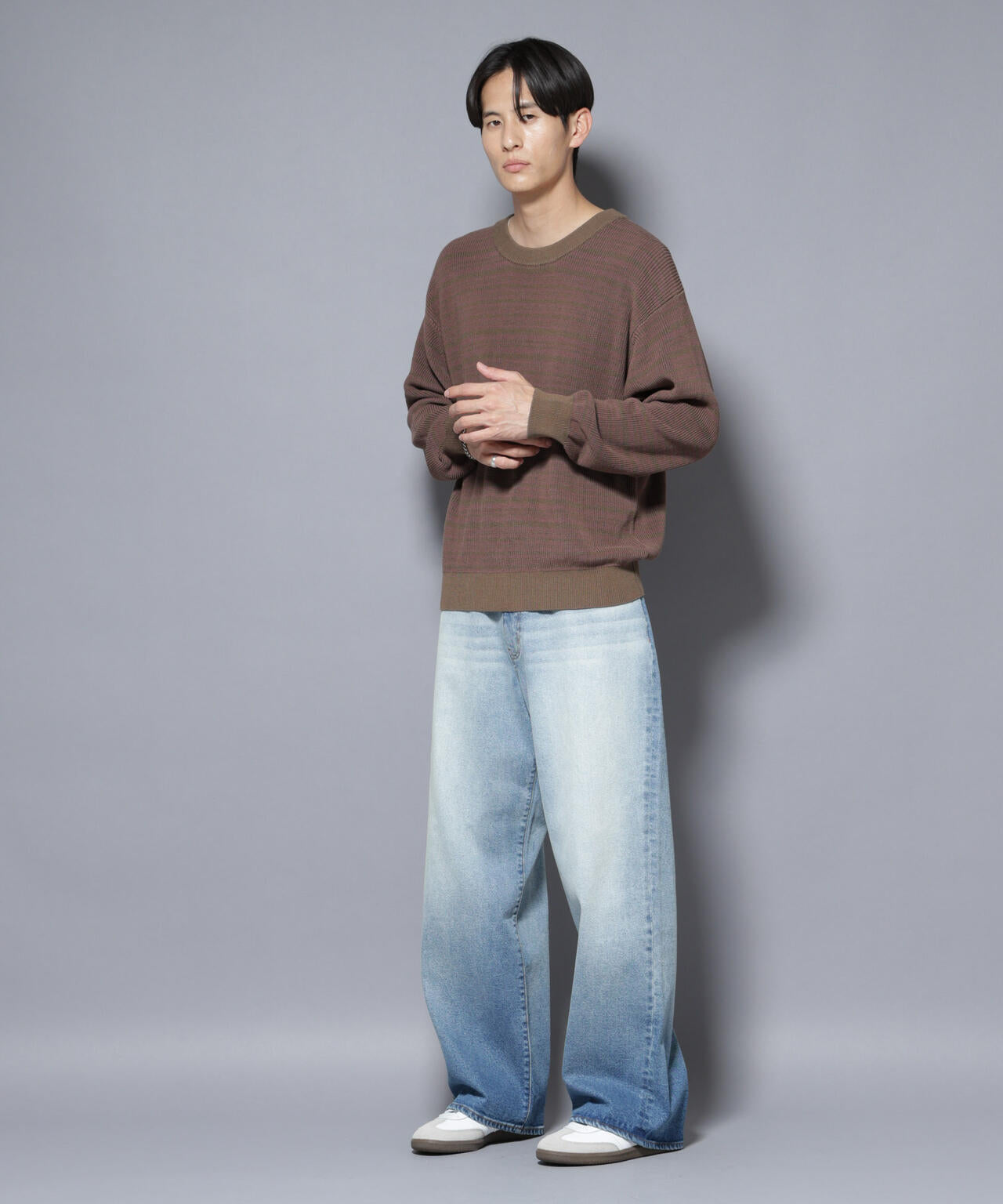 マーセライズコットン 畦ボーダークルーネックニット 6685222220