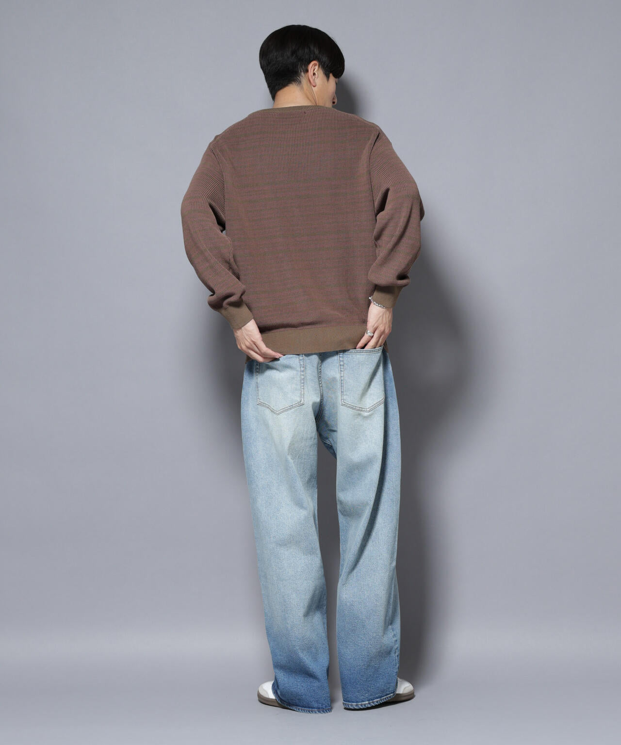 マーセライズコットン 畦ボーダークルーネックニット 6685222220