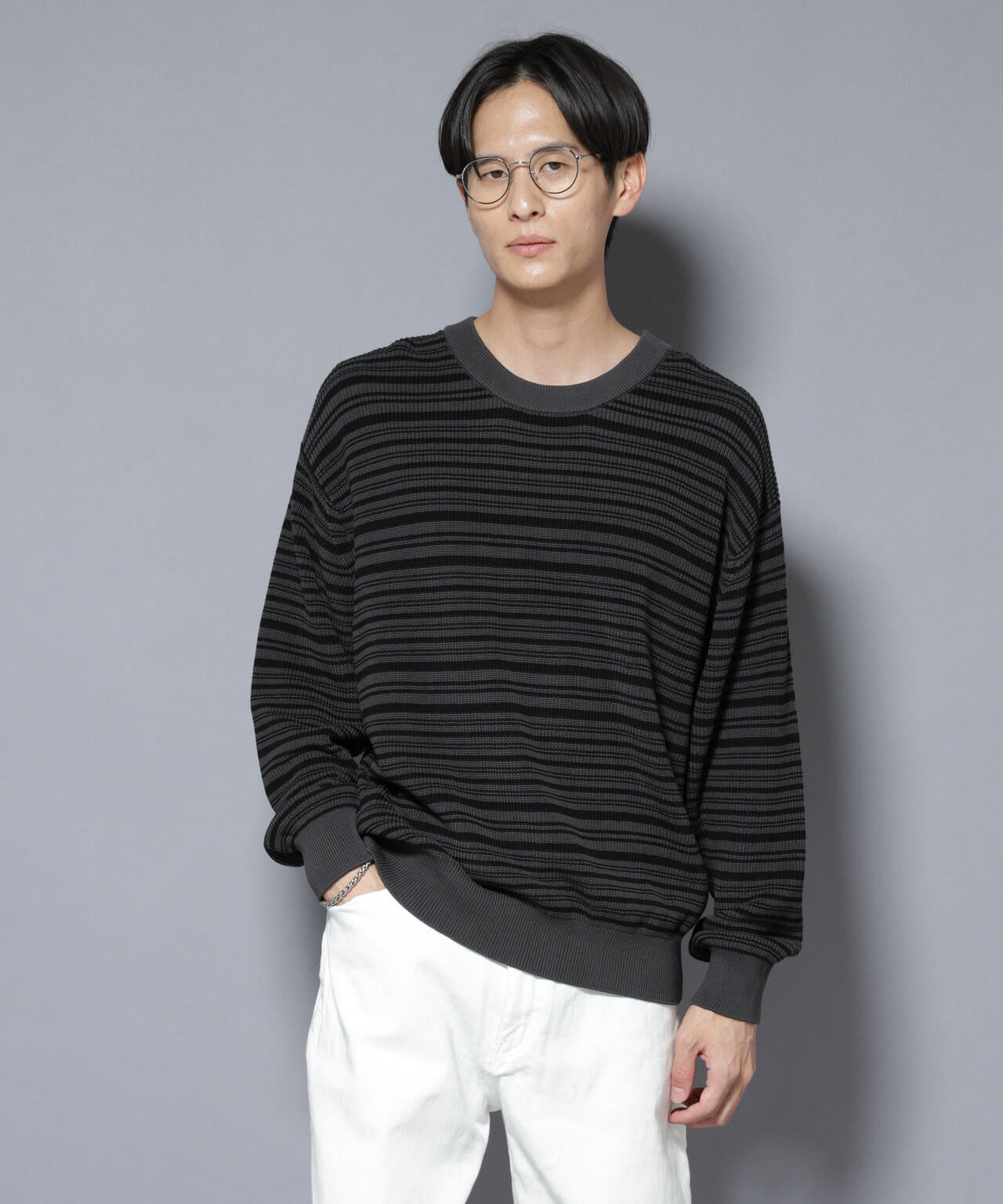 マーセライズコットン 畦ボーダークルーネックニット 6685222220