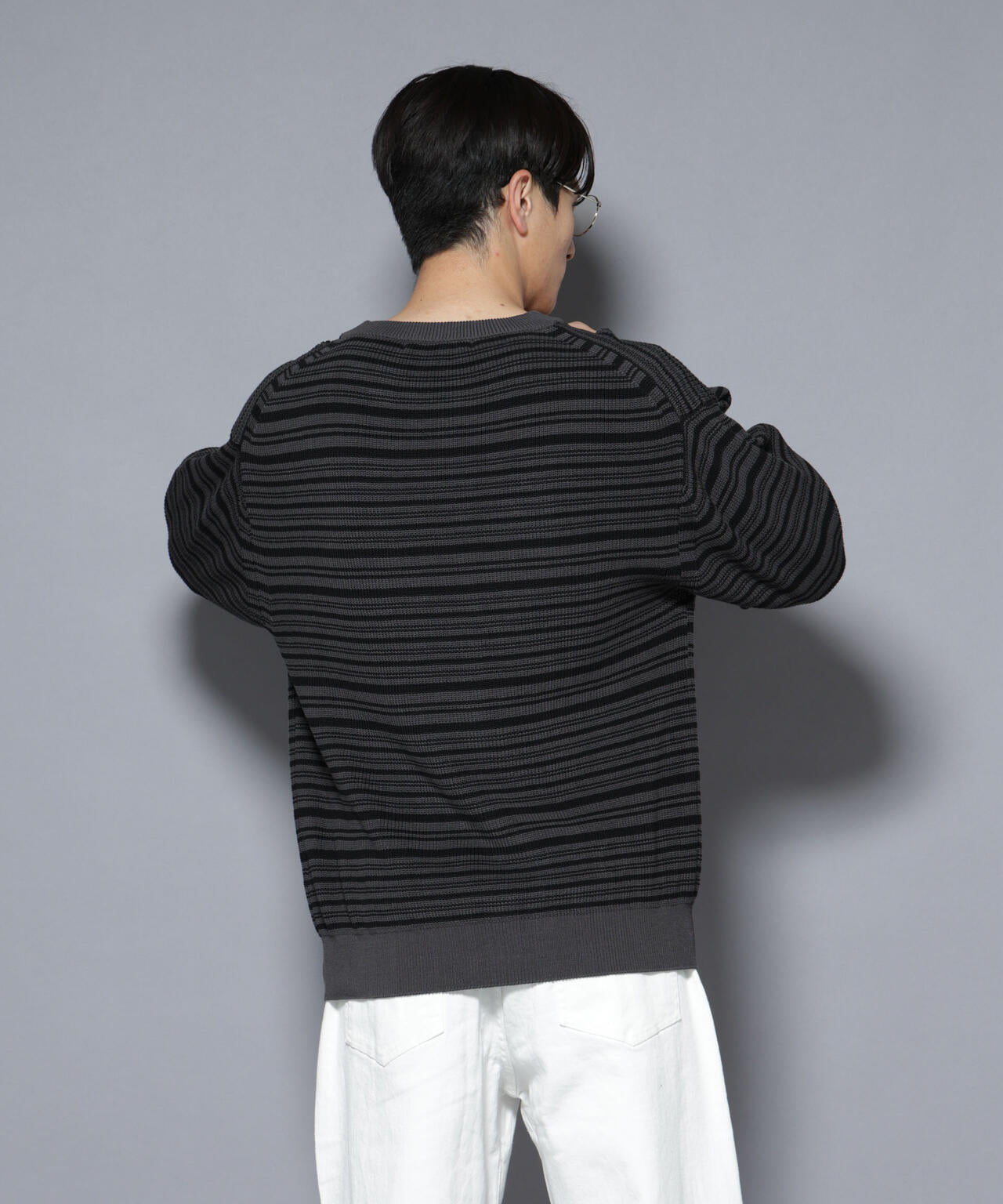 マーセライズコットン 畦ボーダークルーネックニット 6685222220