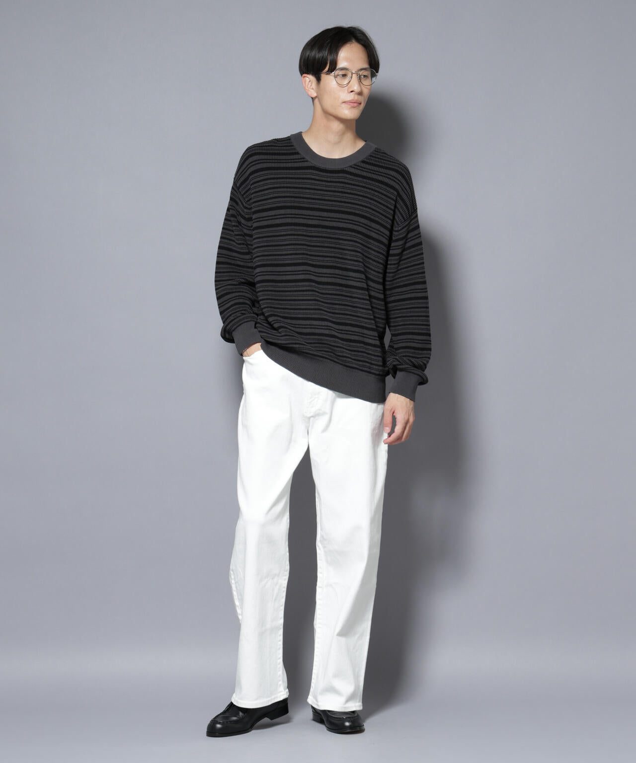 マーセライズコットン 畦ボーダークルーネックニット 6685222220