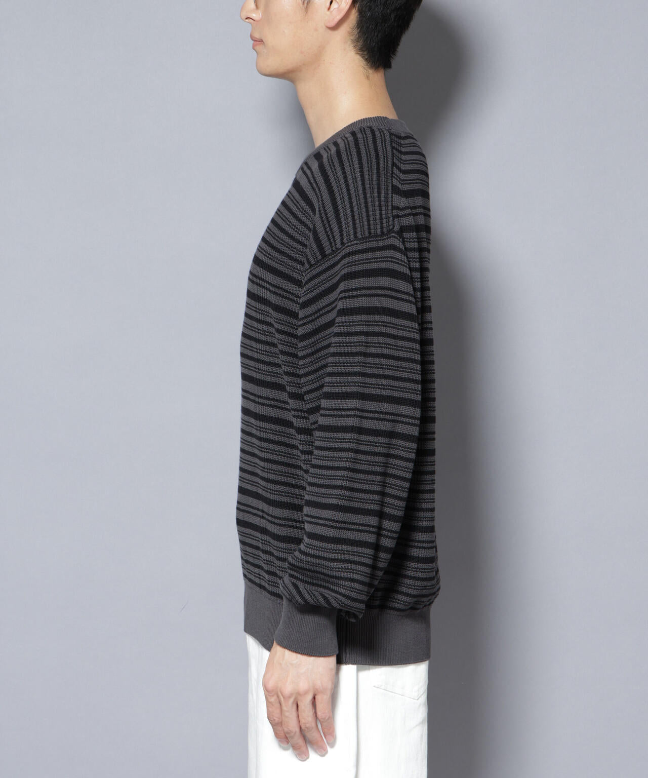 マーセライズコットン 畦ボーダークルーネックニット 6685222220