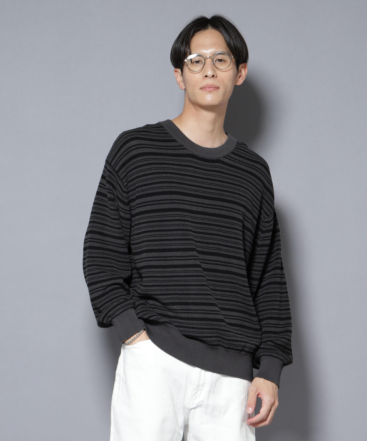 マーセライズコットン 畦ボーダークルーネックニット 6685222220