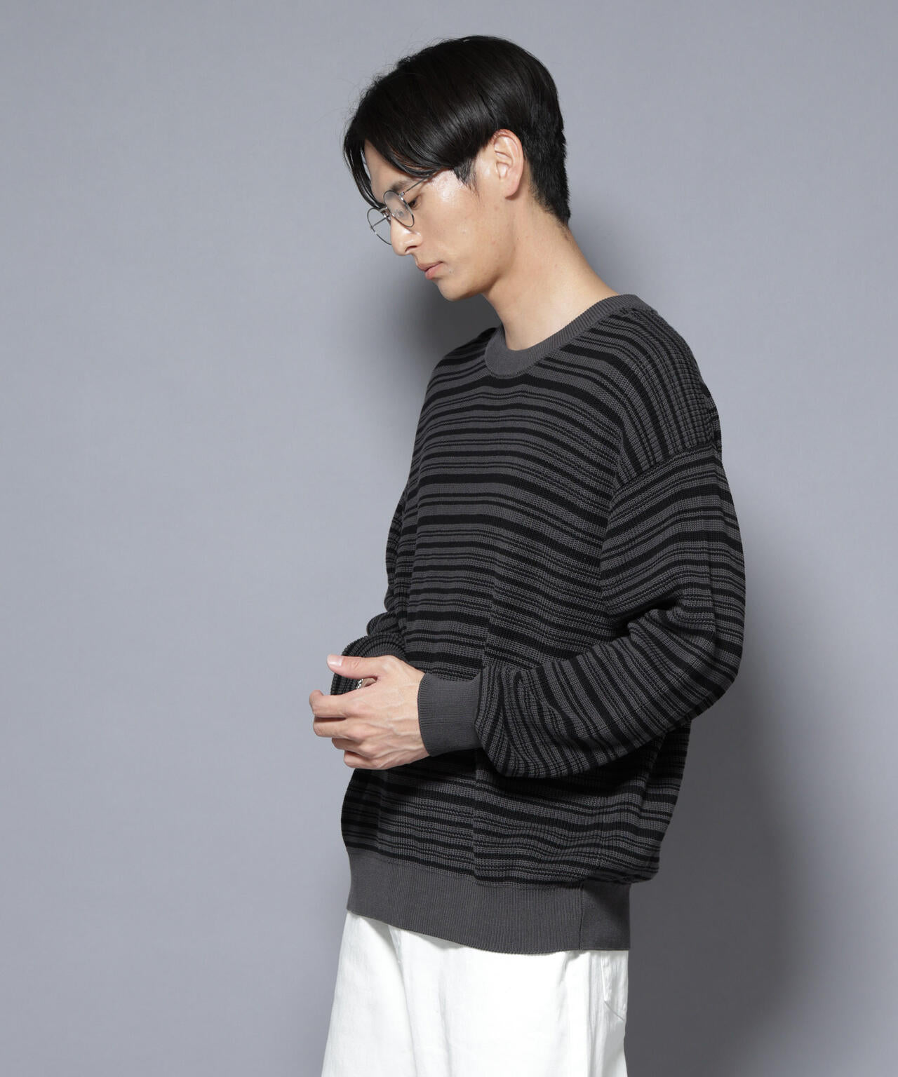 マーセライズコットン 畦ボーダークルーネックニット 6685222220