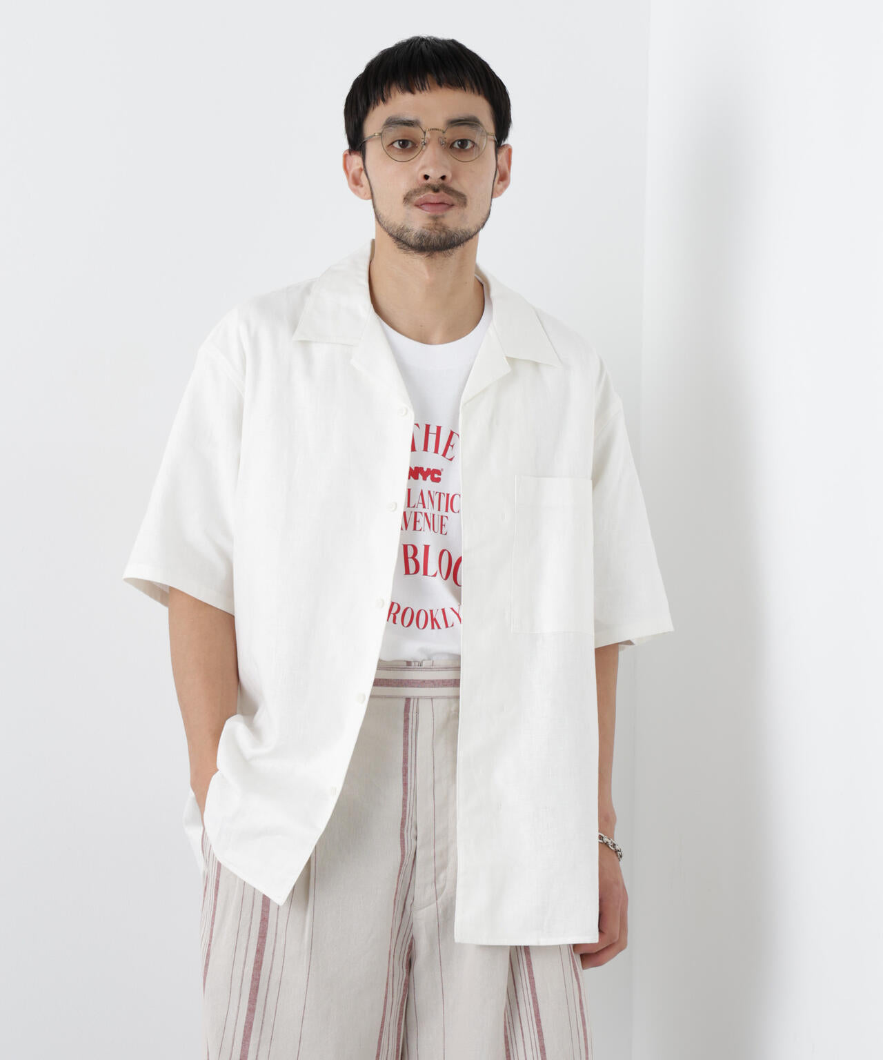 「FRENCH LINEN」 フライフロント半袖シャツ 6686121201