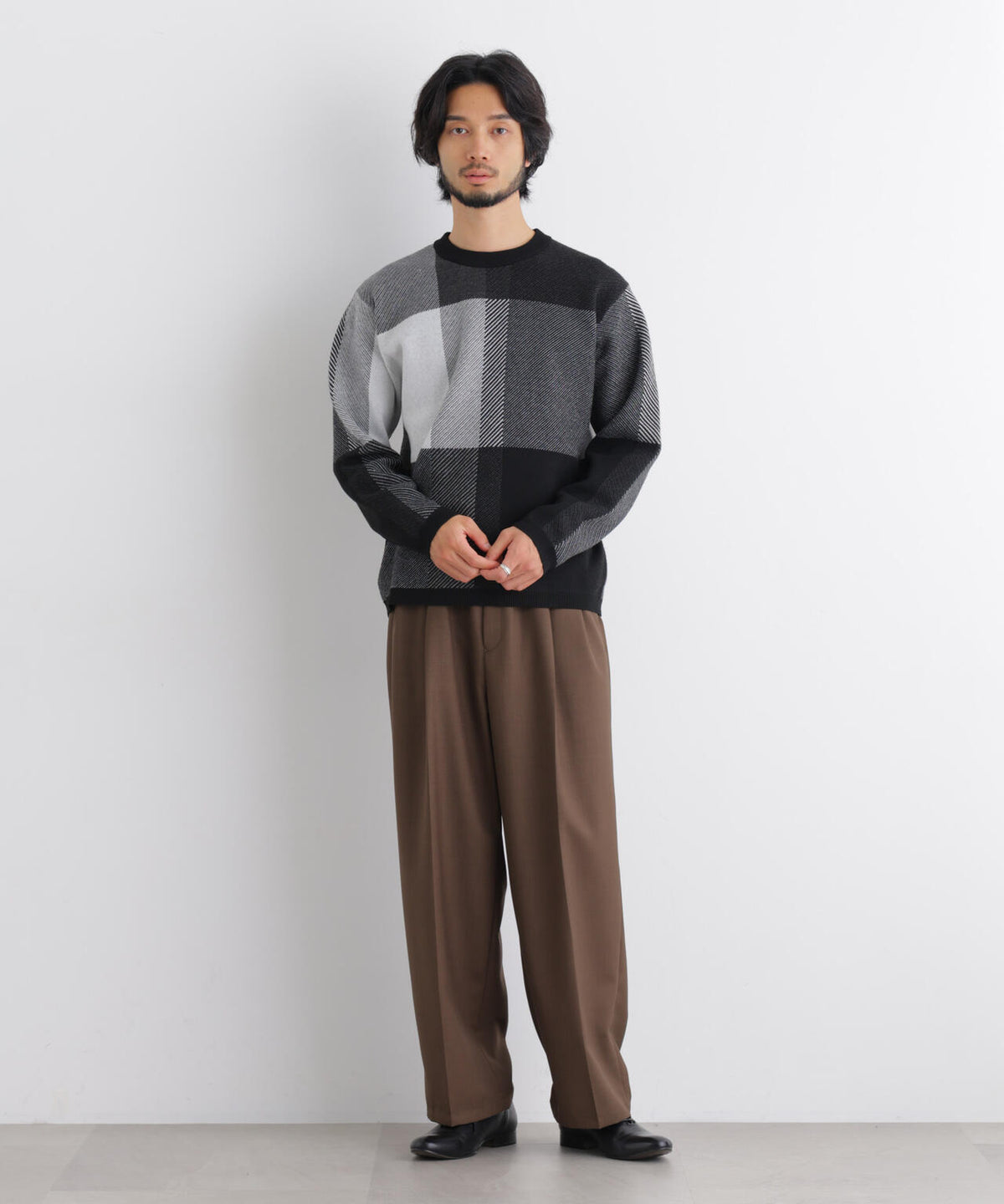 ブロックチェッククルーネックニット 6686222217