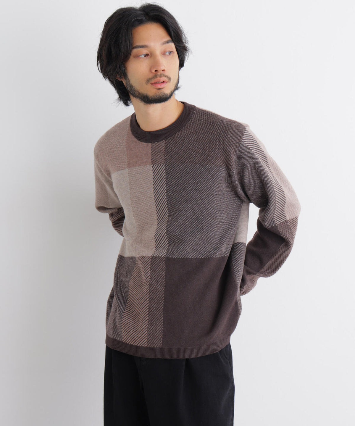 ブロックチェッククルーネックニット 6686222217
