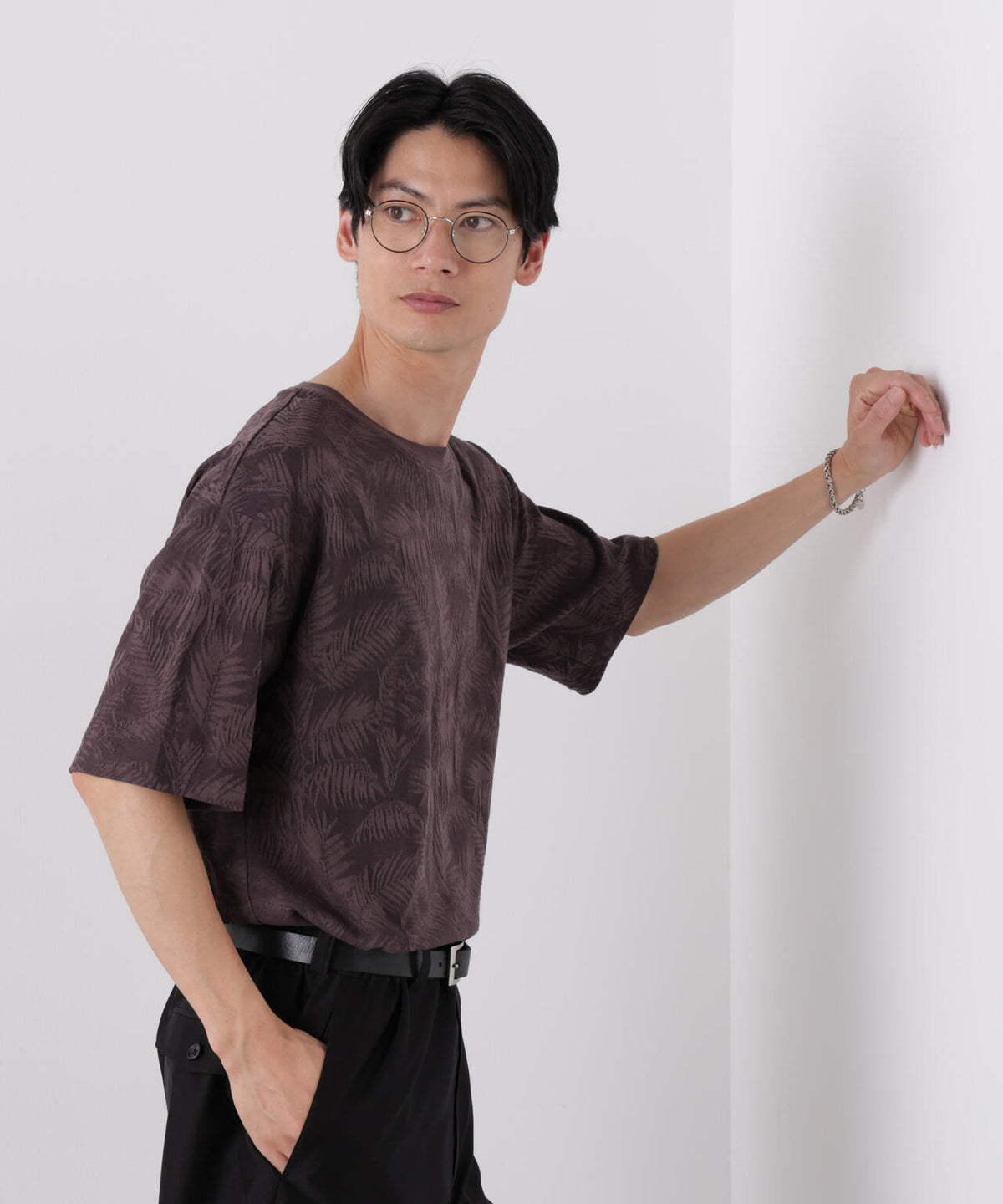 リンクスジャガードリーフ柄Tシャツ 6686224204