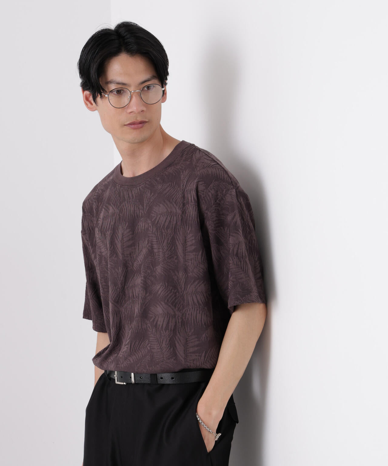 リンクスジャガードリーフ柄Tシャツ 6686224204