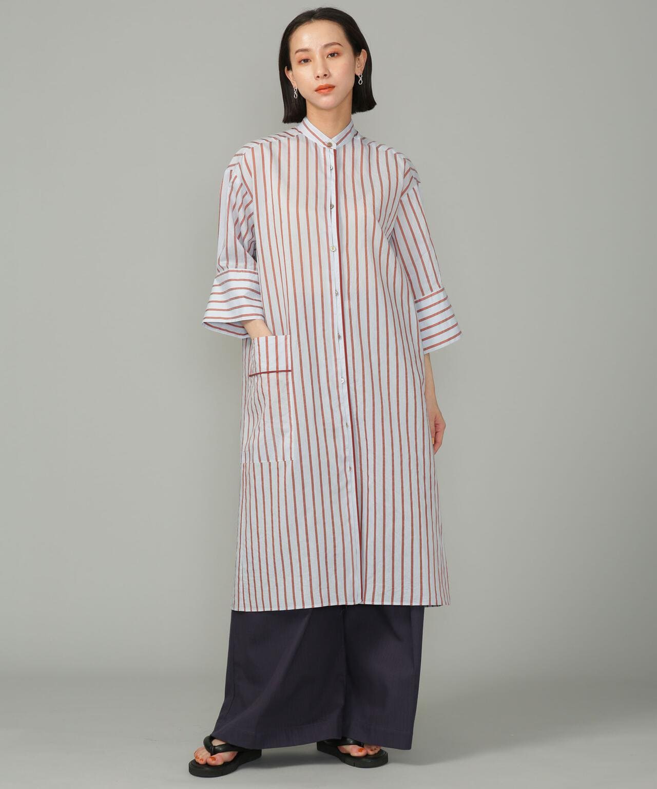 新品　ナノユニバース　麻　ストライプ ノースリーブ シャツワンピース リップルストライプワンピース ノースリーブ | ナノユニバース