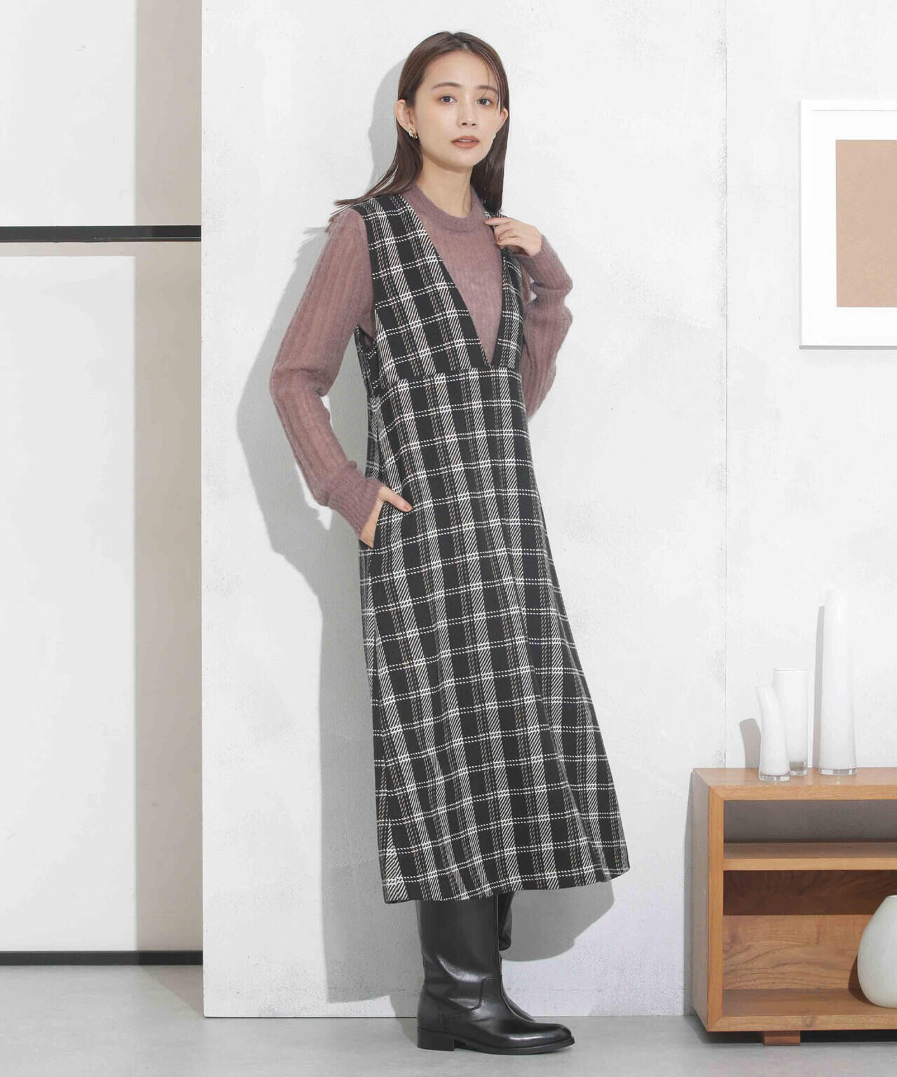 ビッグチェックVネックワンピース 6693219325