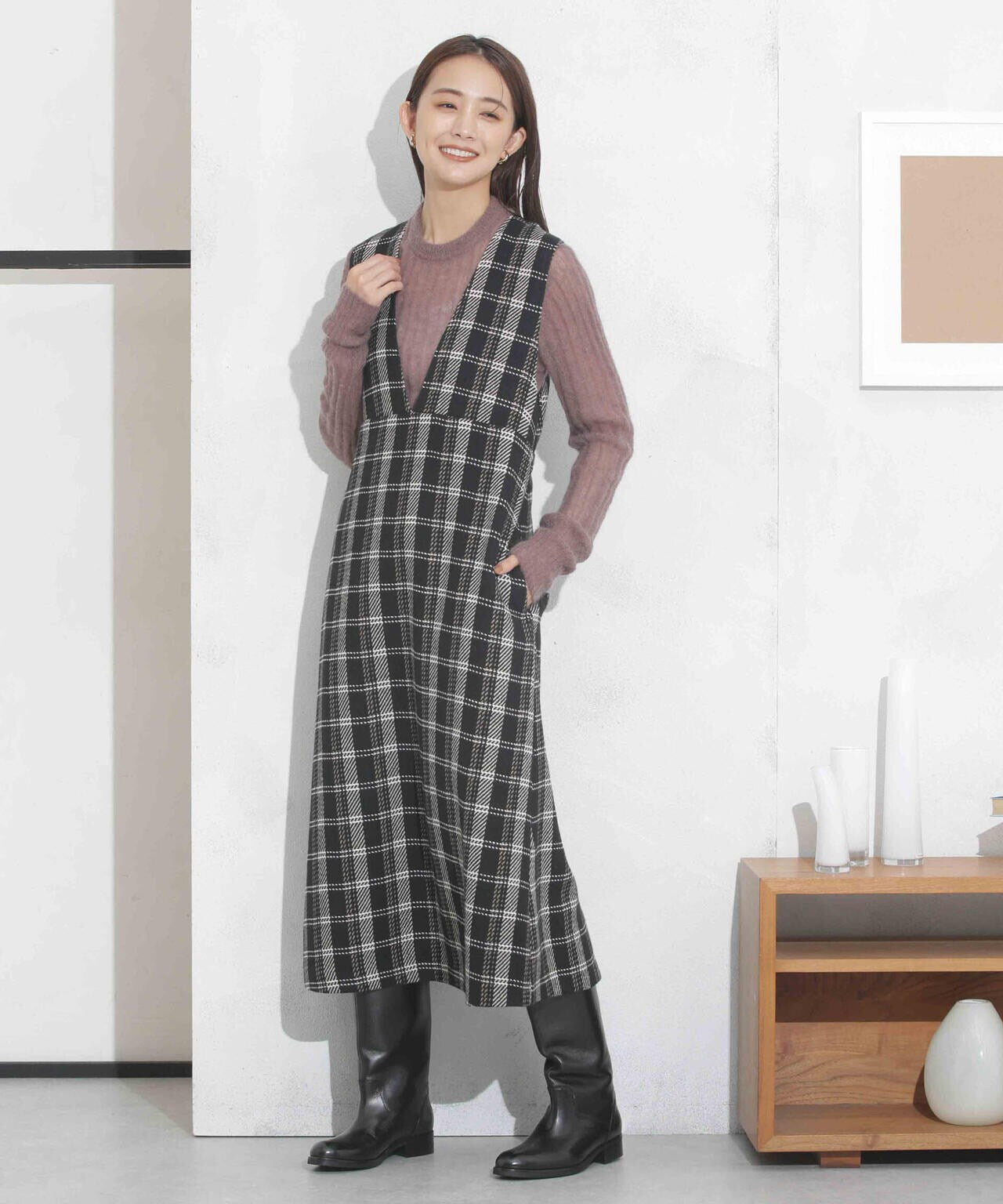 ビッグチェックVネックワンピース 6693219325