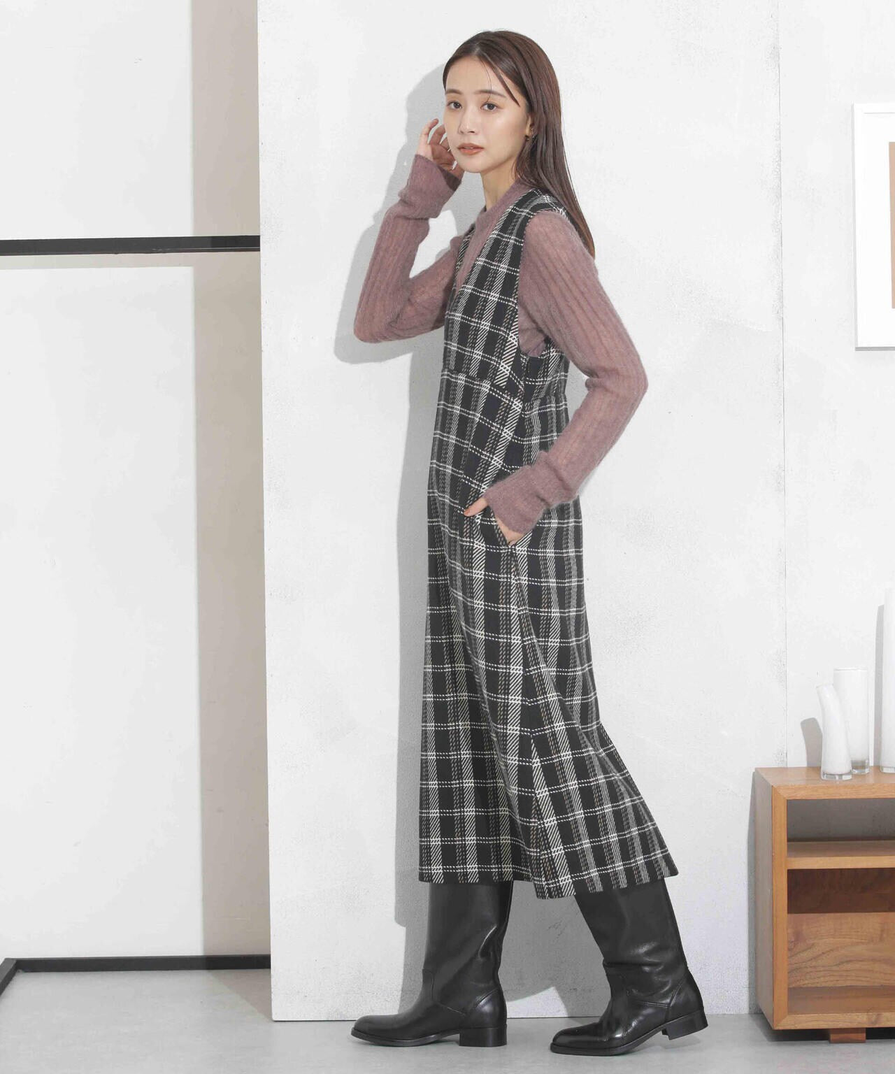 ビッグチェックVネックワンピース 6693219325