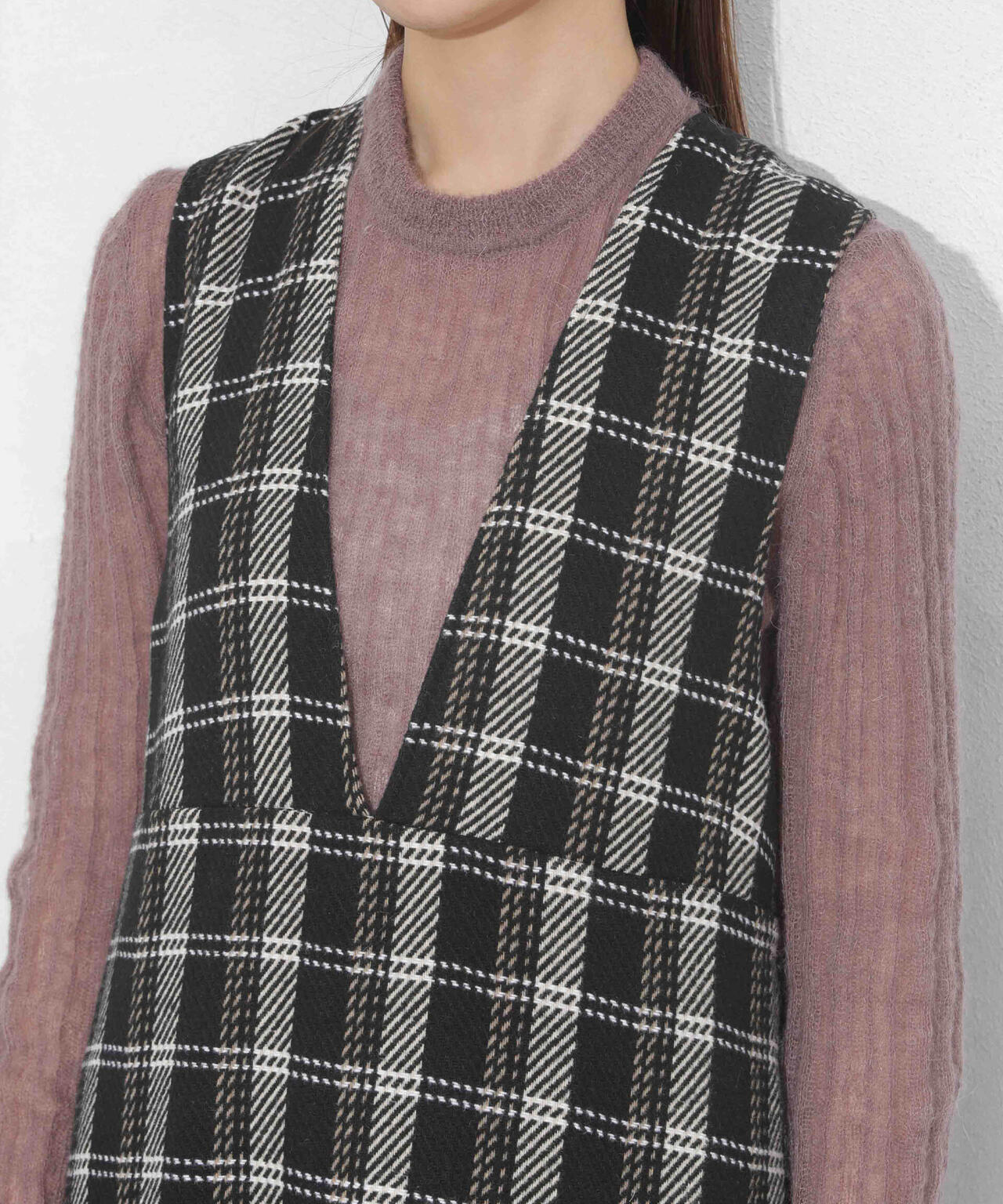 ビッグチェックVネックワンピース 6693219325