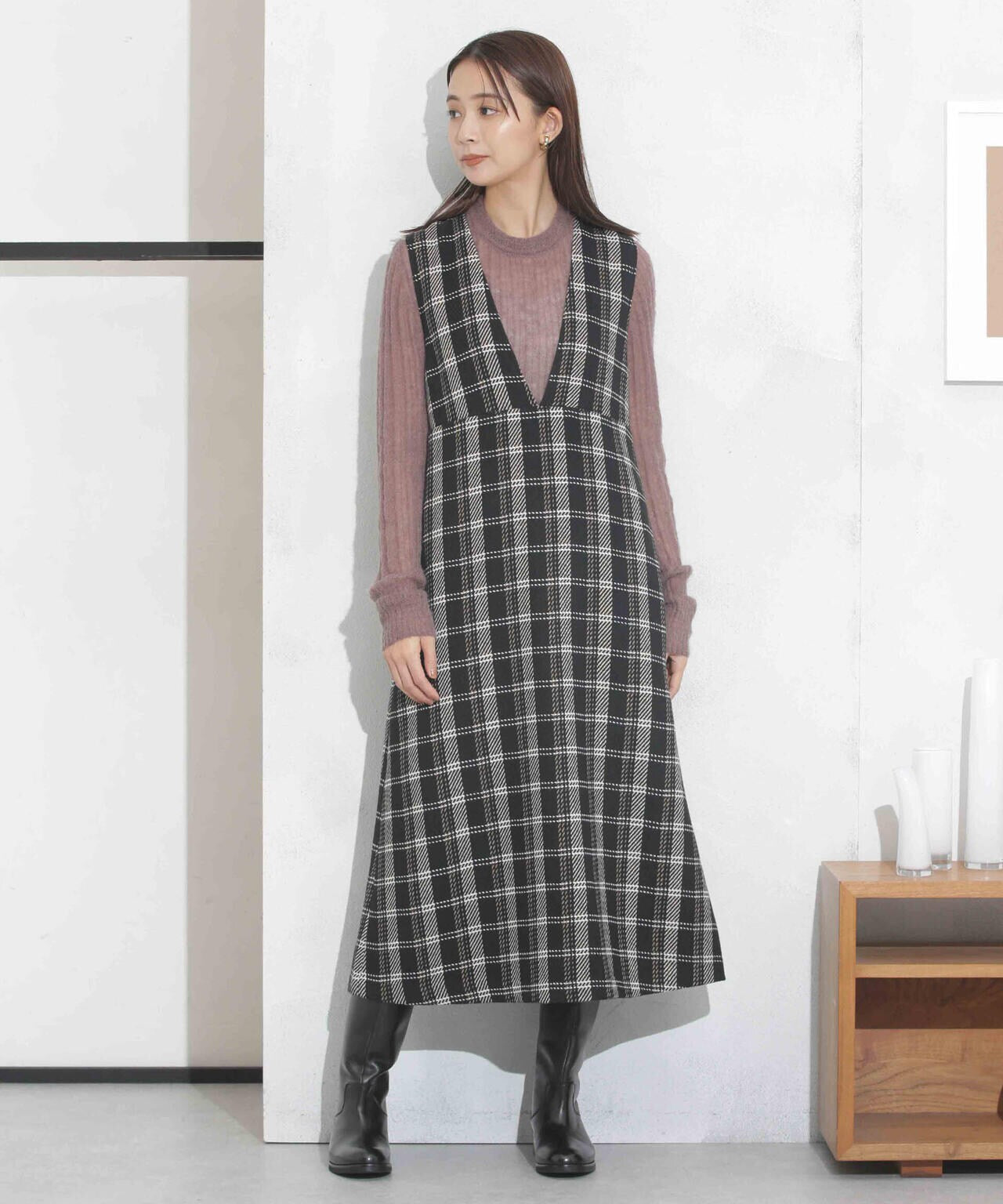 ビッグチェックVネックワンピース 6693219325