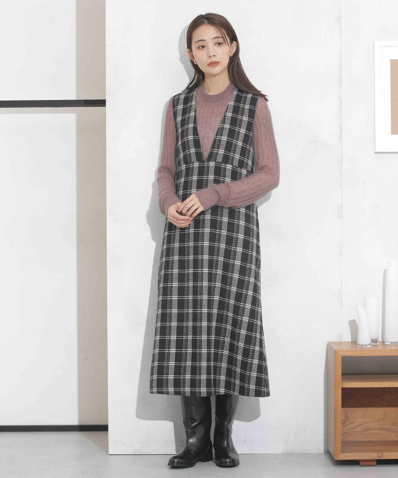 ビッグチェックVネックワンピース 6693219325