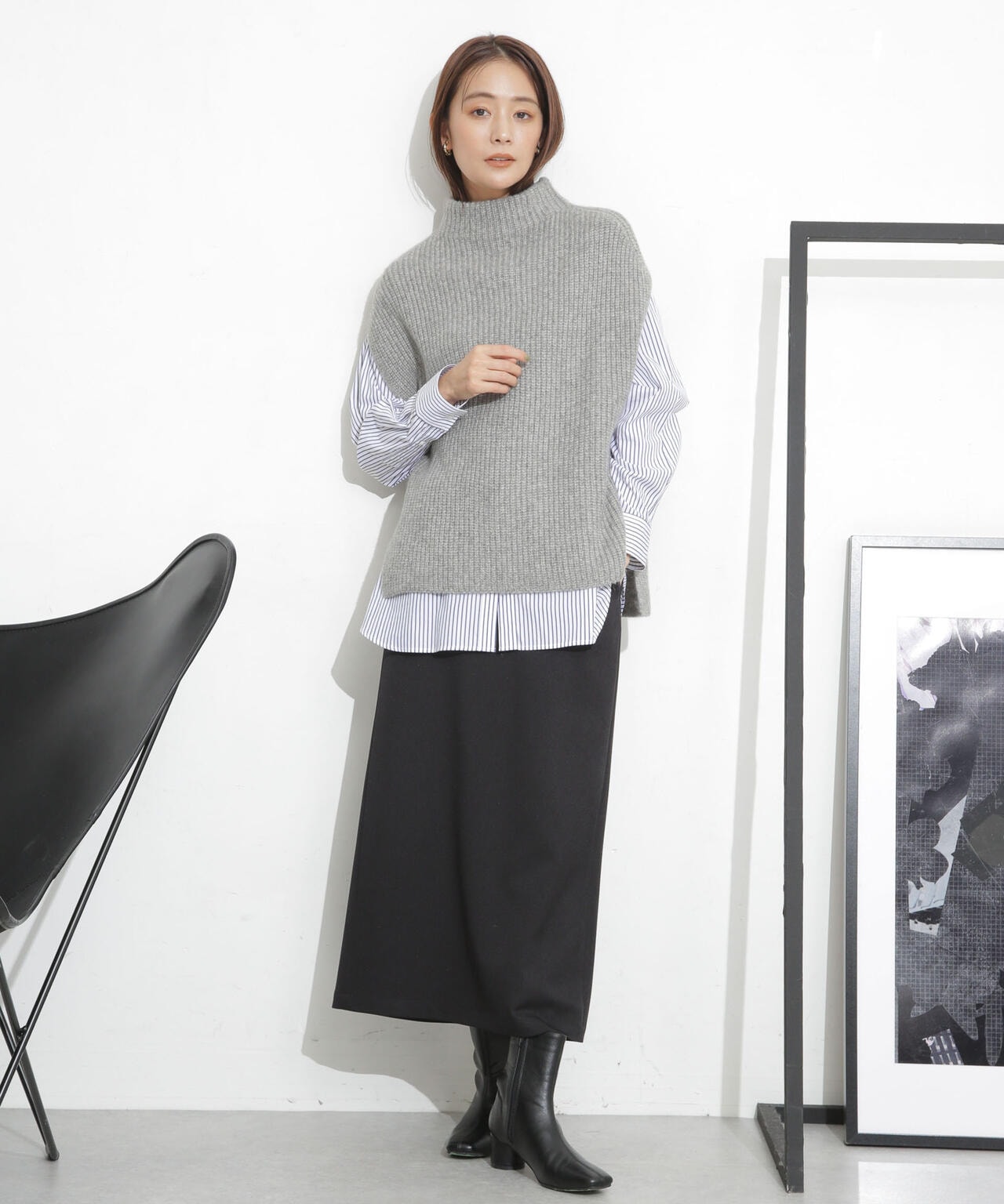 シャツワンピース+ニットベストセット 6693219332