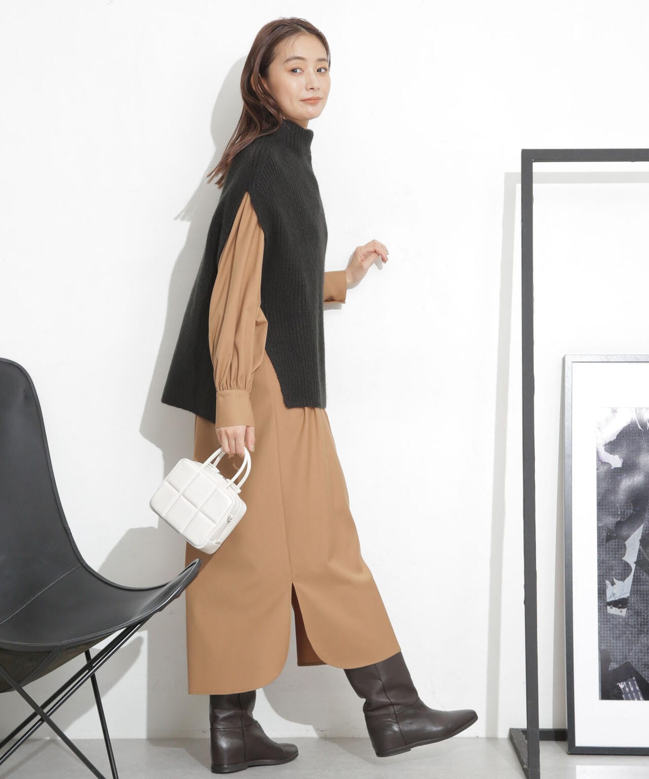 シャツワンピース+ニットベストセット 6693219332